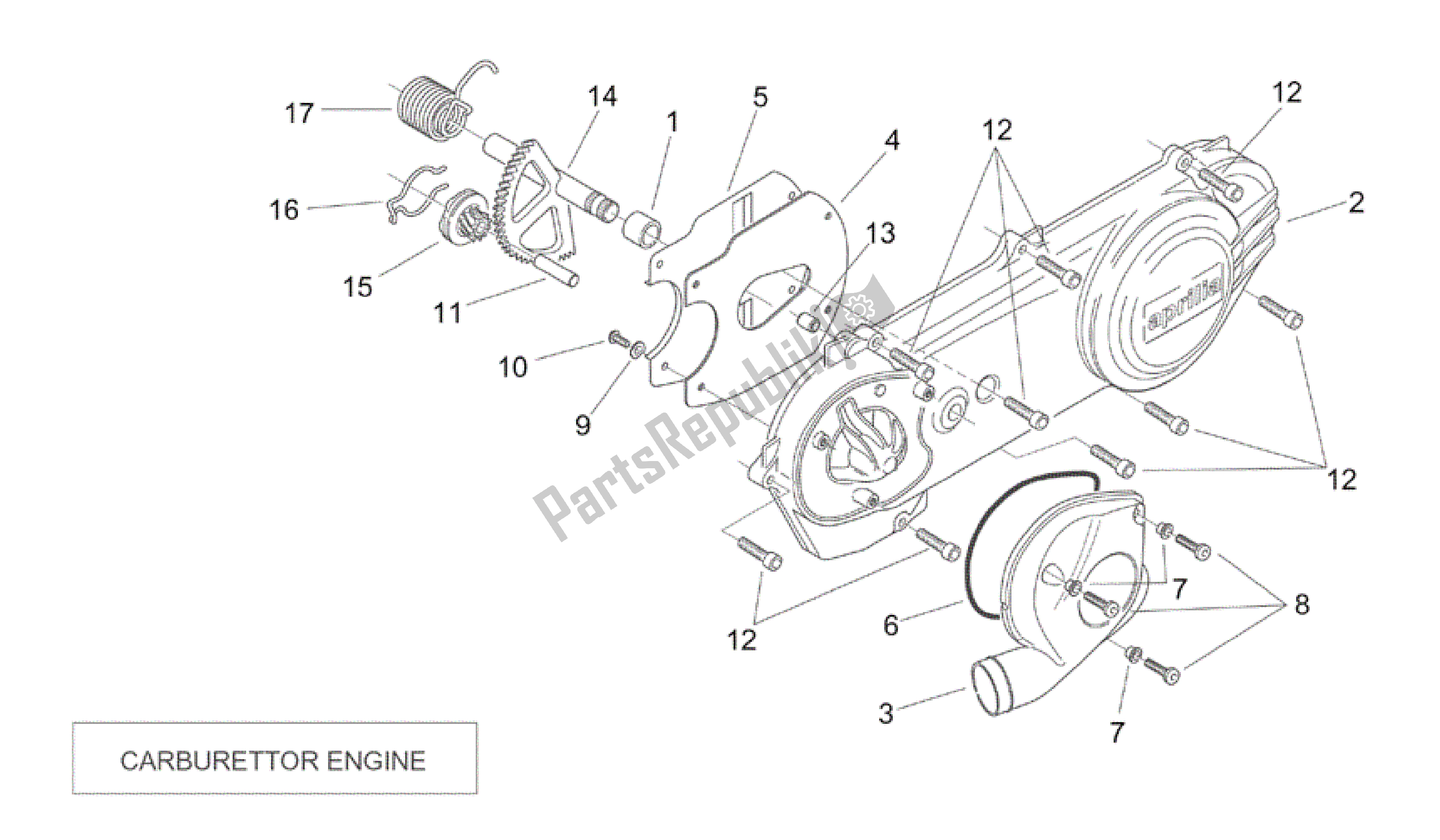 All parts for the Transmission Cover (carburettor) of the Aprilia SR 50 2000 - 2004