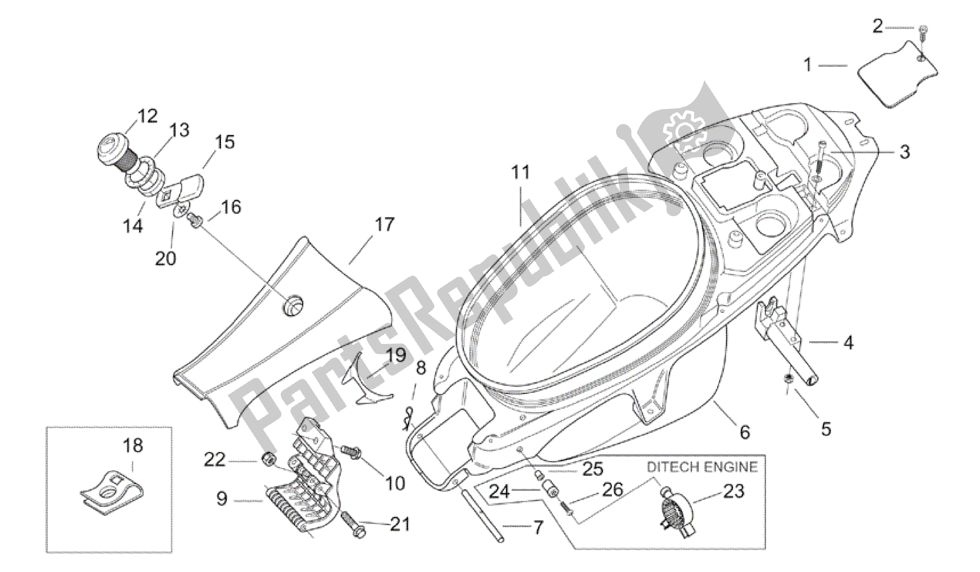 Todas as partes de Traseira Do Corpo Ii do Aprilia SR 50 2000 - 2004