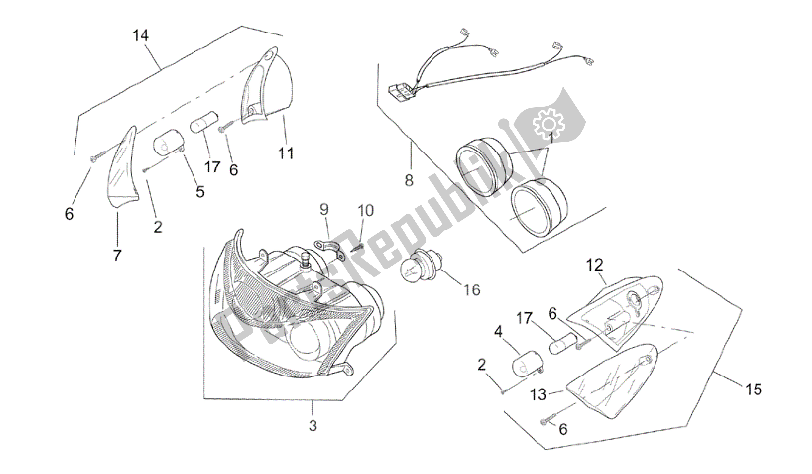 All parts for the Front Lights of the Aprilia SR 50 2000 - 2004