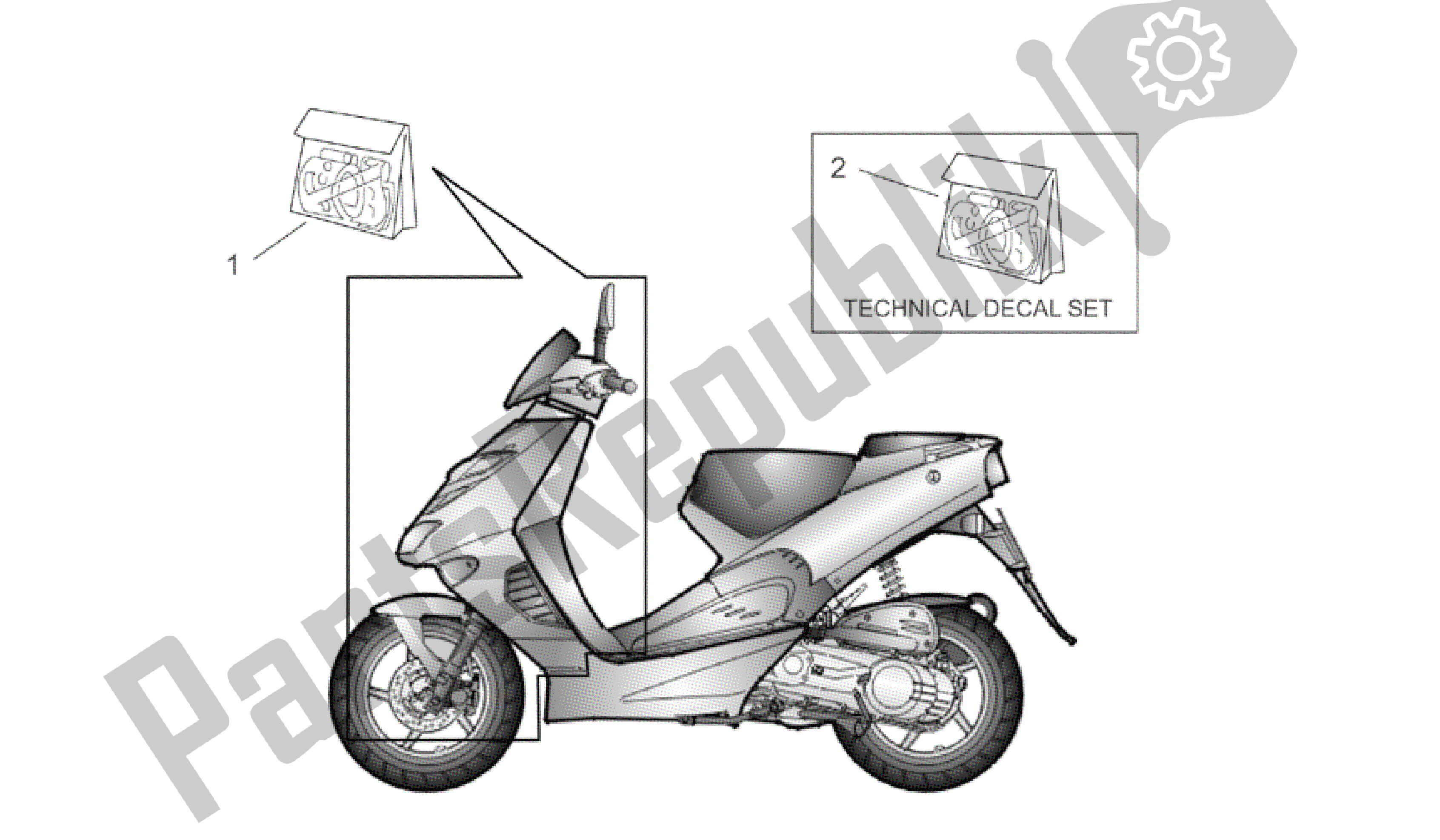 All parts for the Front Body And Technical Decal of the Aprilia SR 50 2000 - 2004