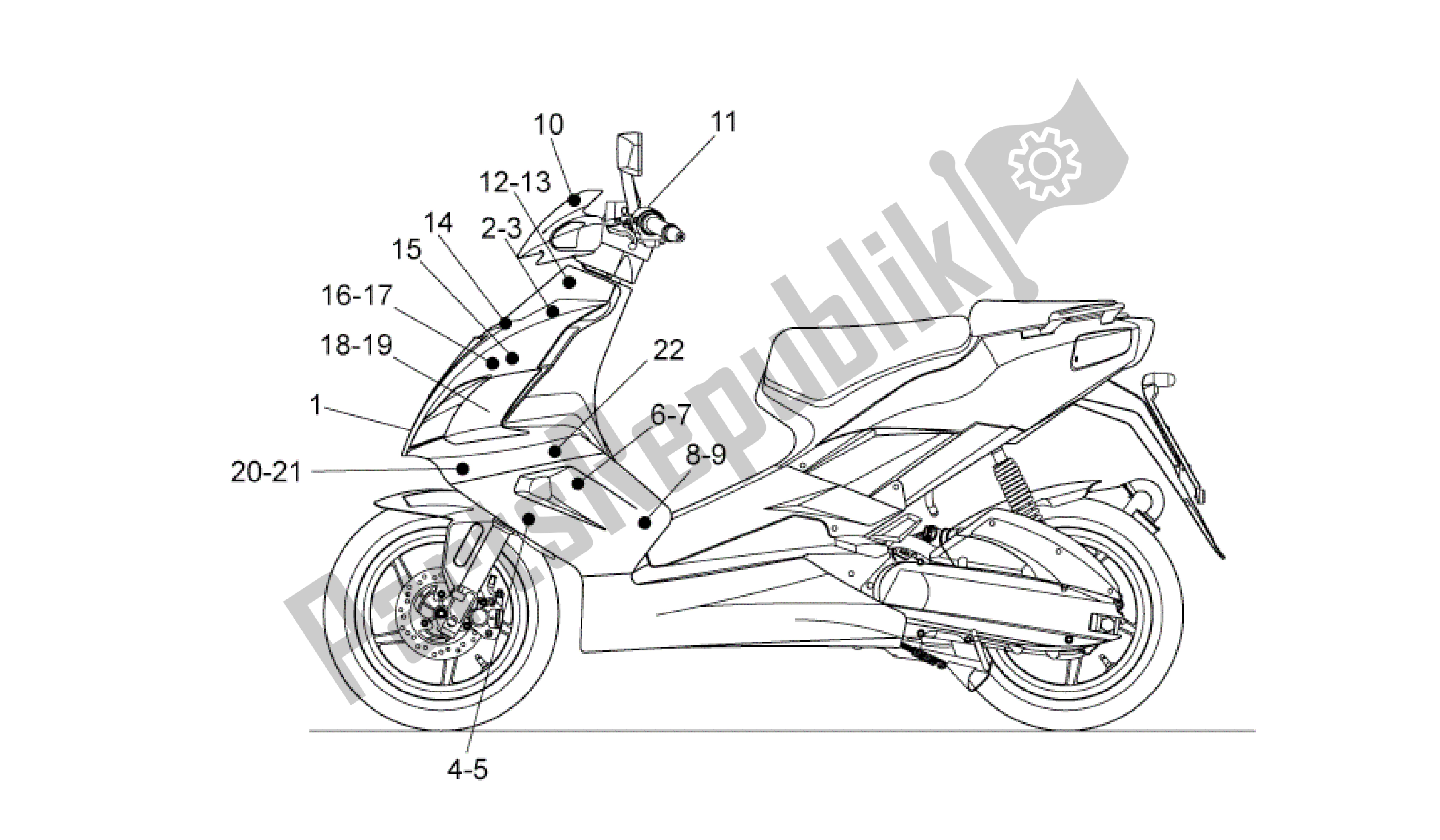 Tutte le parti per il Decalcomania del Aprilia SR 50 2004 - 2009