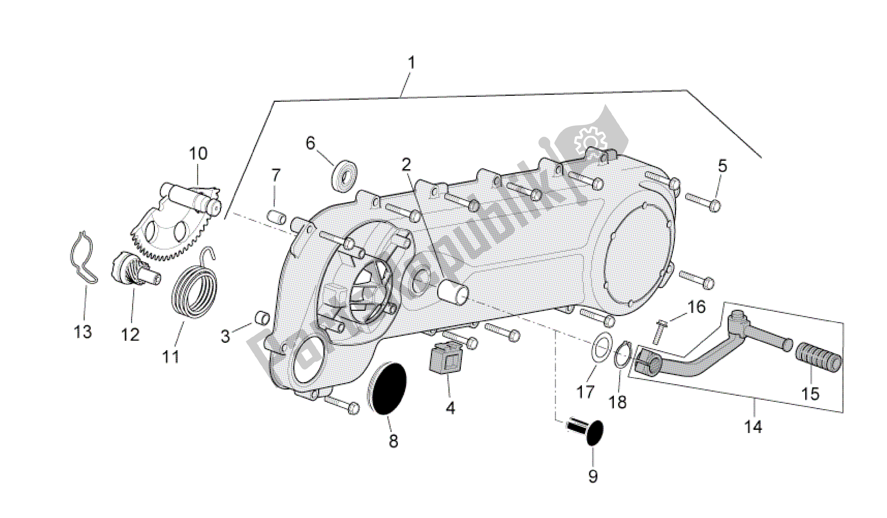 Alle onderdelen voor de Transmissie Deksel van de Aprilia SR 50 2004 - 2009