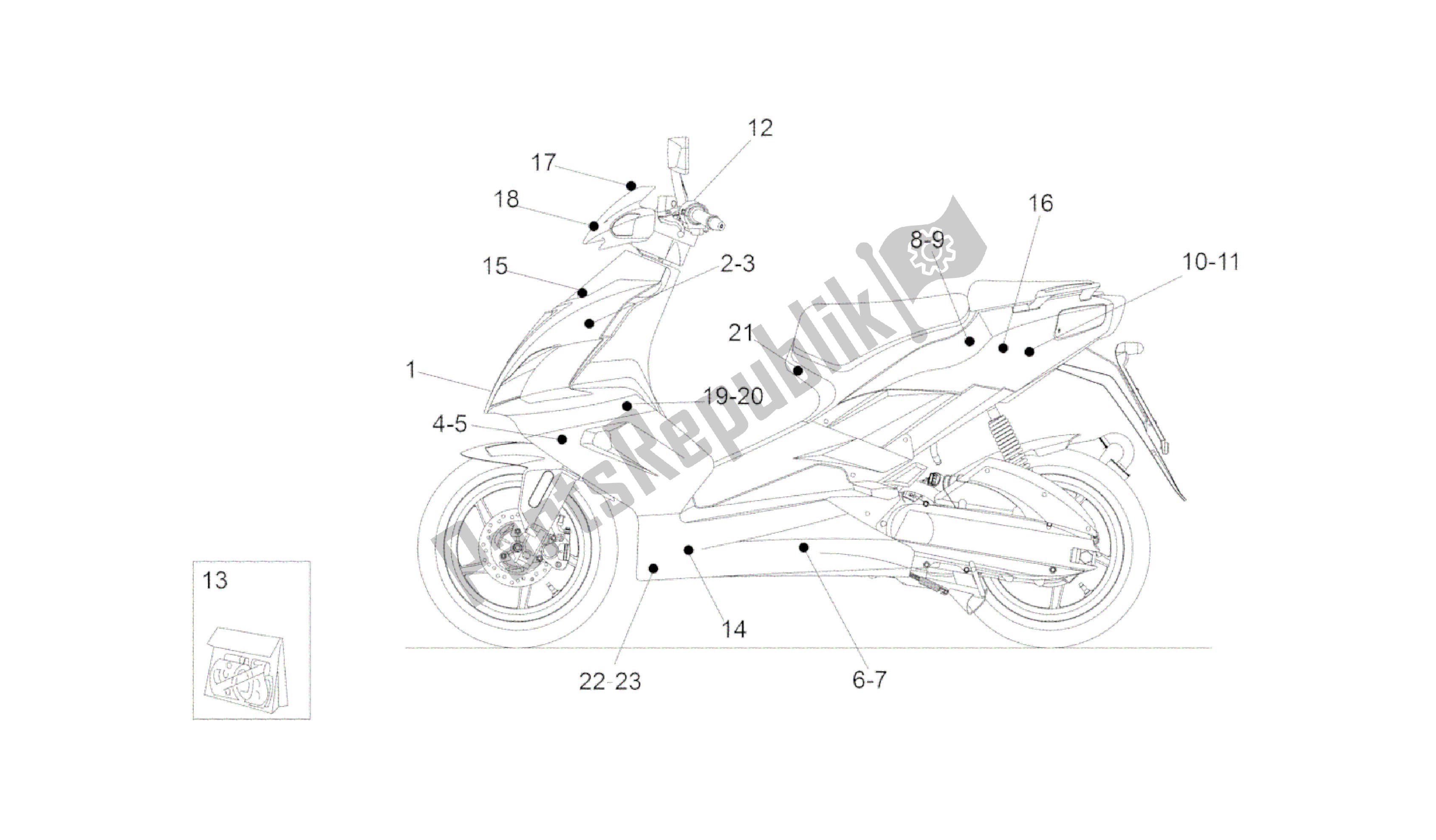 Tutte le parti per il Decalcomania del Aprilia SR 50 2010 - 2014