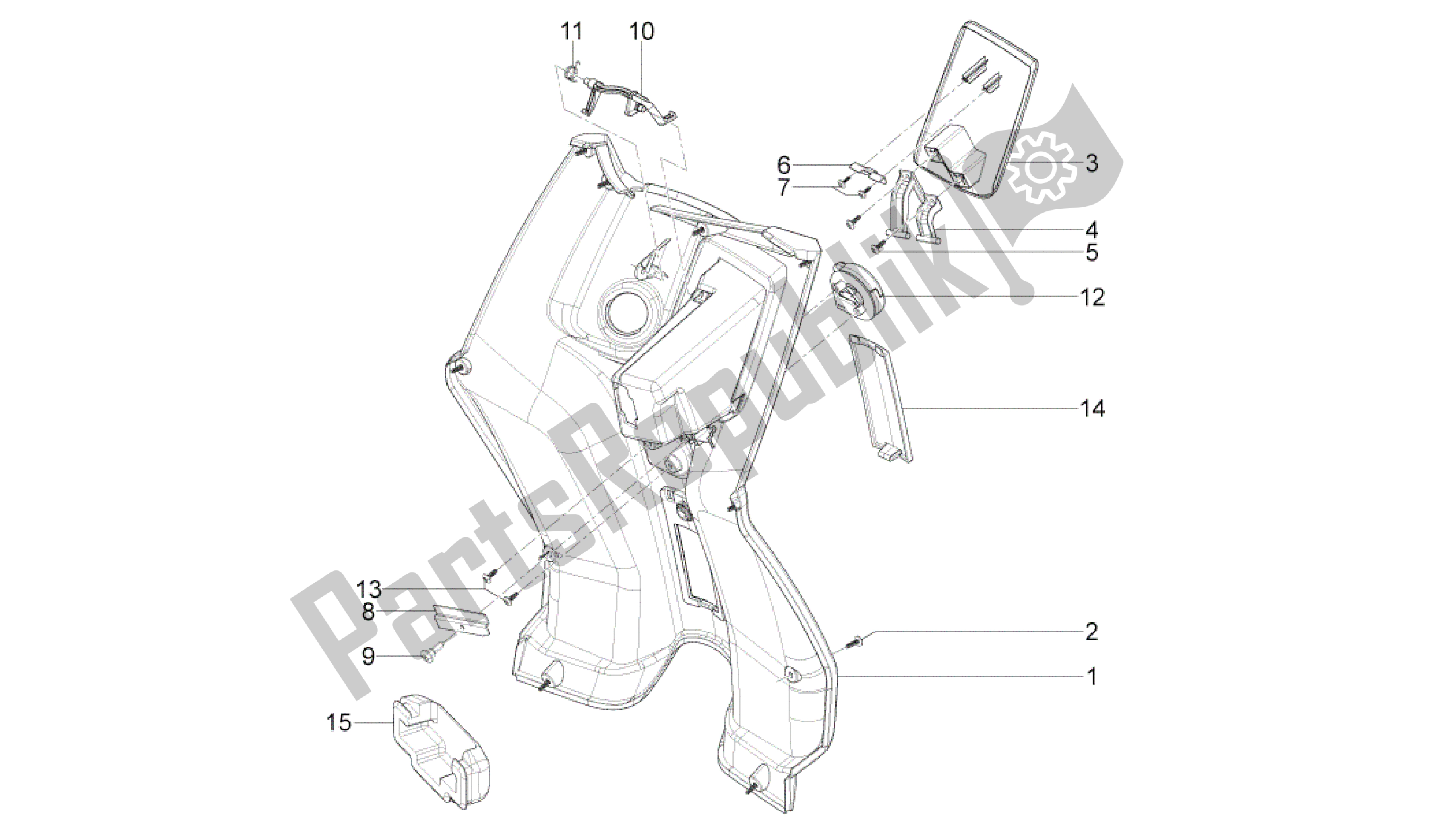 All parts for the Front Glove-box - Knee-guard Panel of the Aprilia SR 50 2013