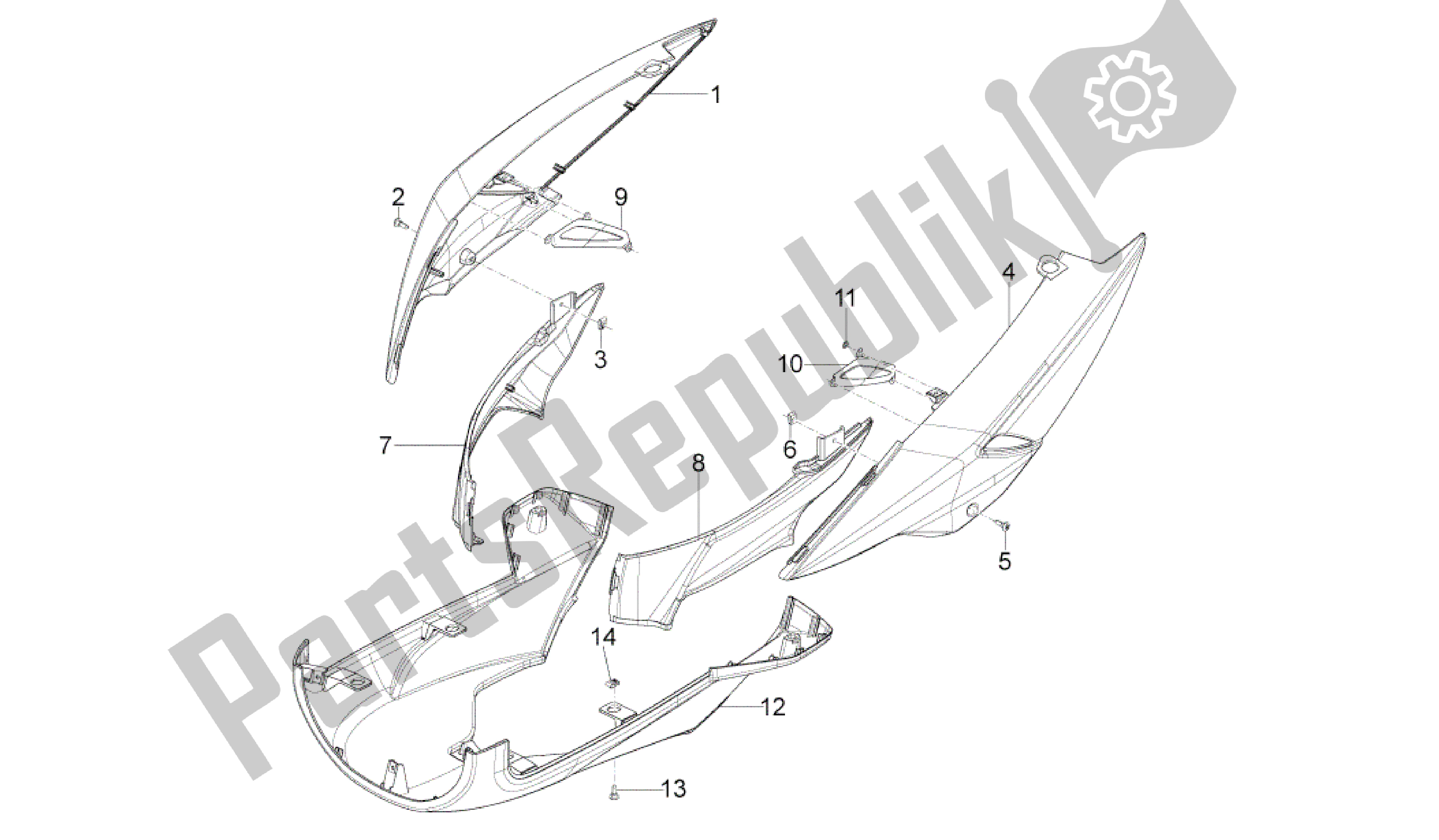 Alle onderdelen voor de Zijdeksel - Spoiler van de Aprilia SR 50 2013