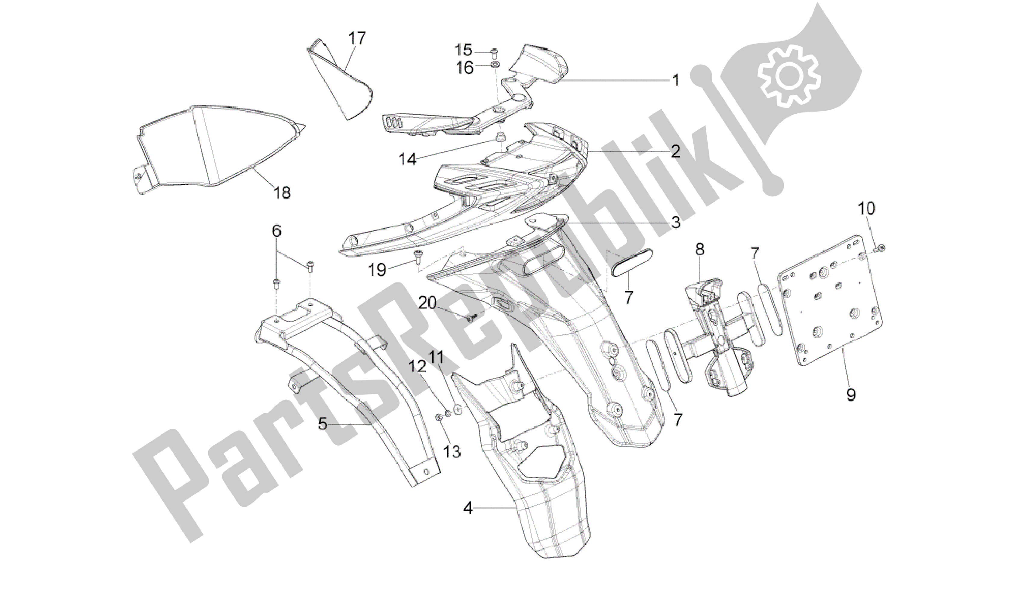 Tutte le parti per il Coperchio Posteriore - Paraspruzzi del Aprilia SR 50 2013