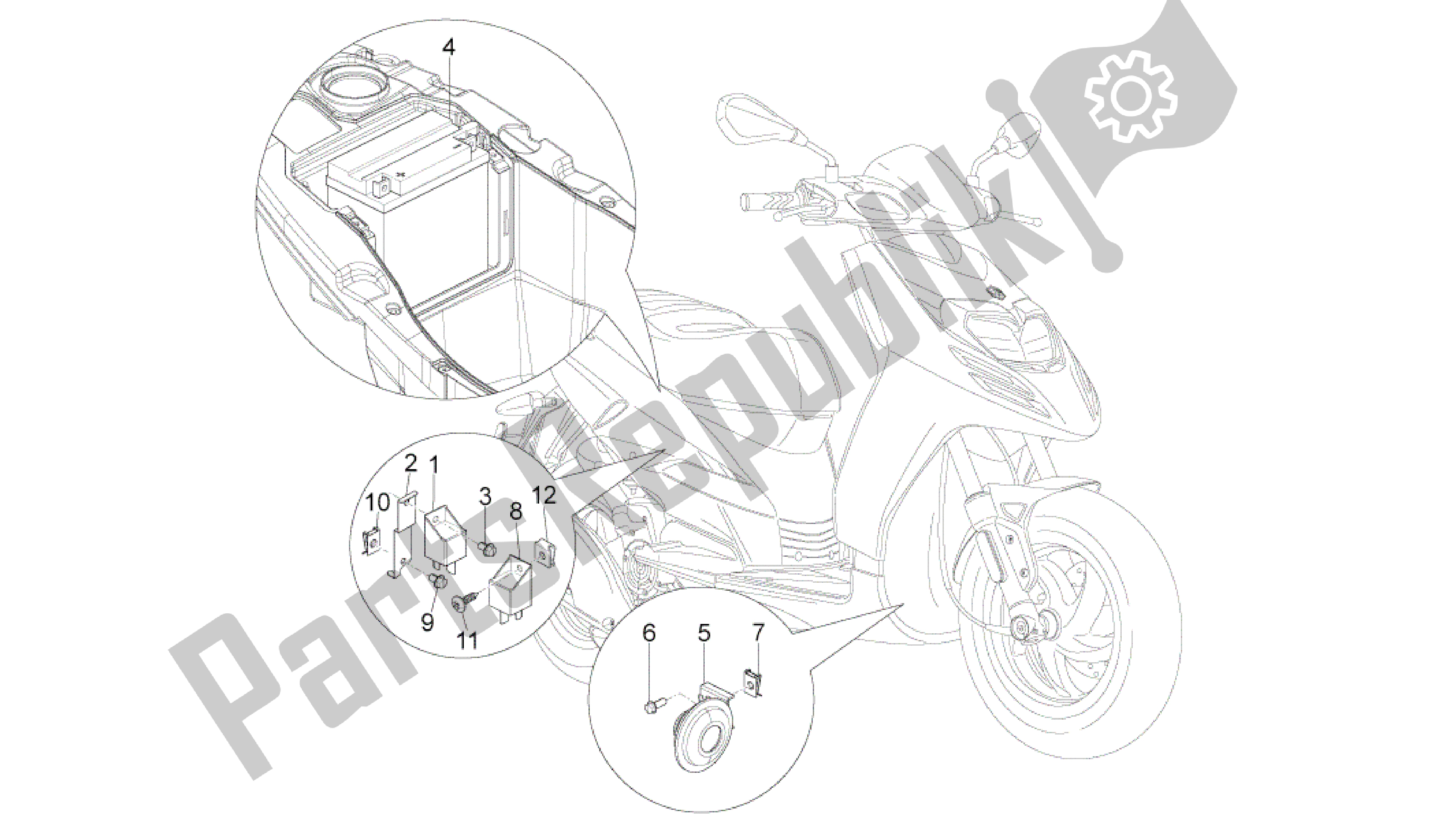 Alle onderdelen voor de Afstandsbedieningen - Batterij - Claxon van de Aprilia SR 50 2013