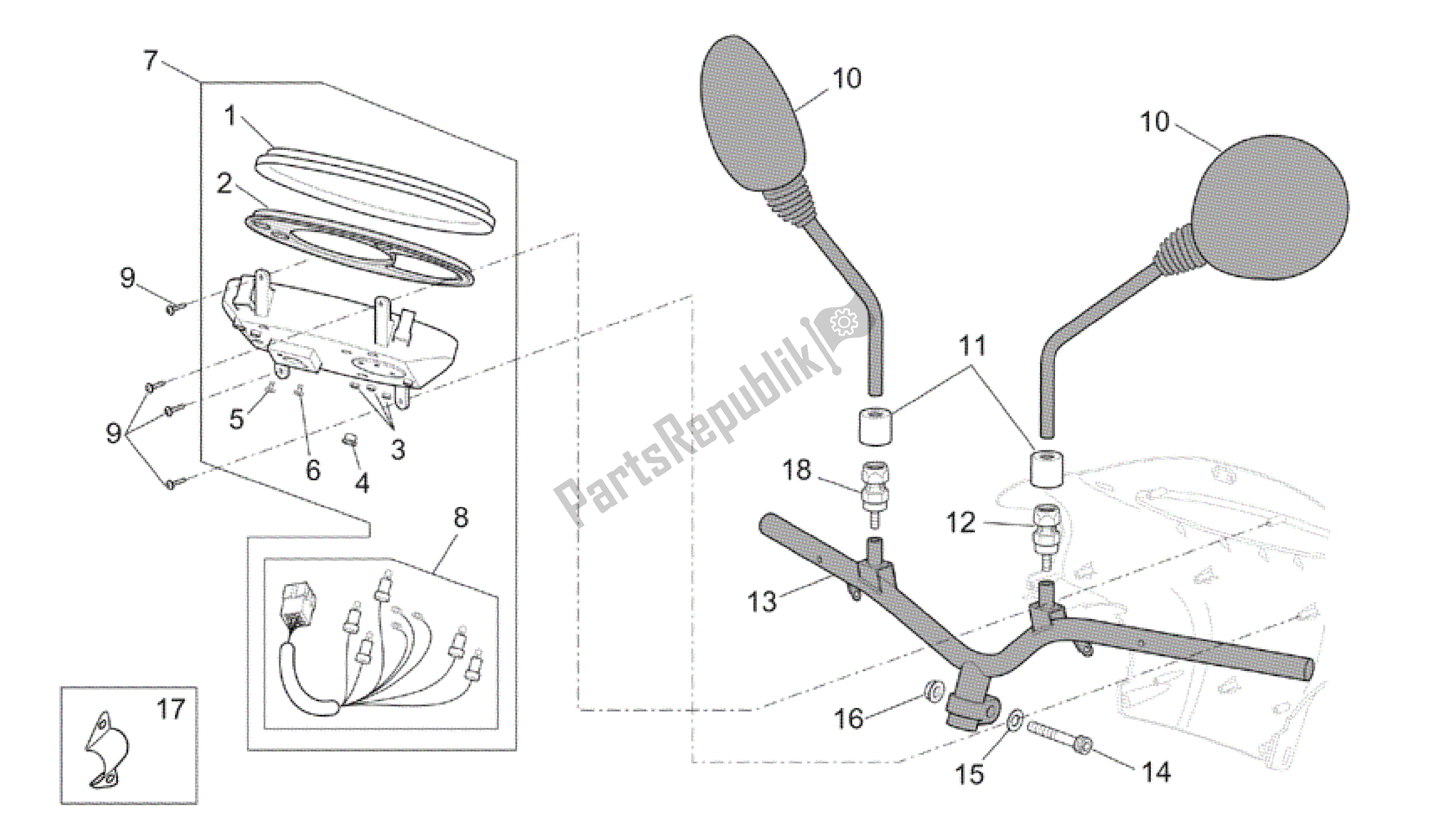 Todas las partes para Manillar - Tablero De Instrumentos de Aprilia Scarabeo 50 2002 - 2006