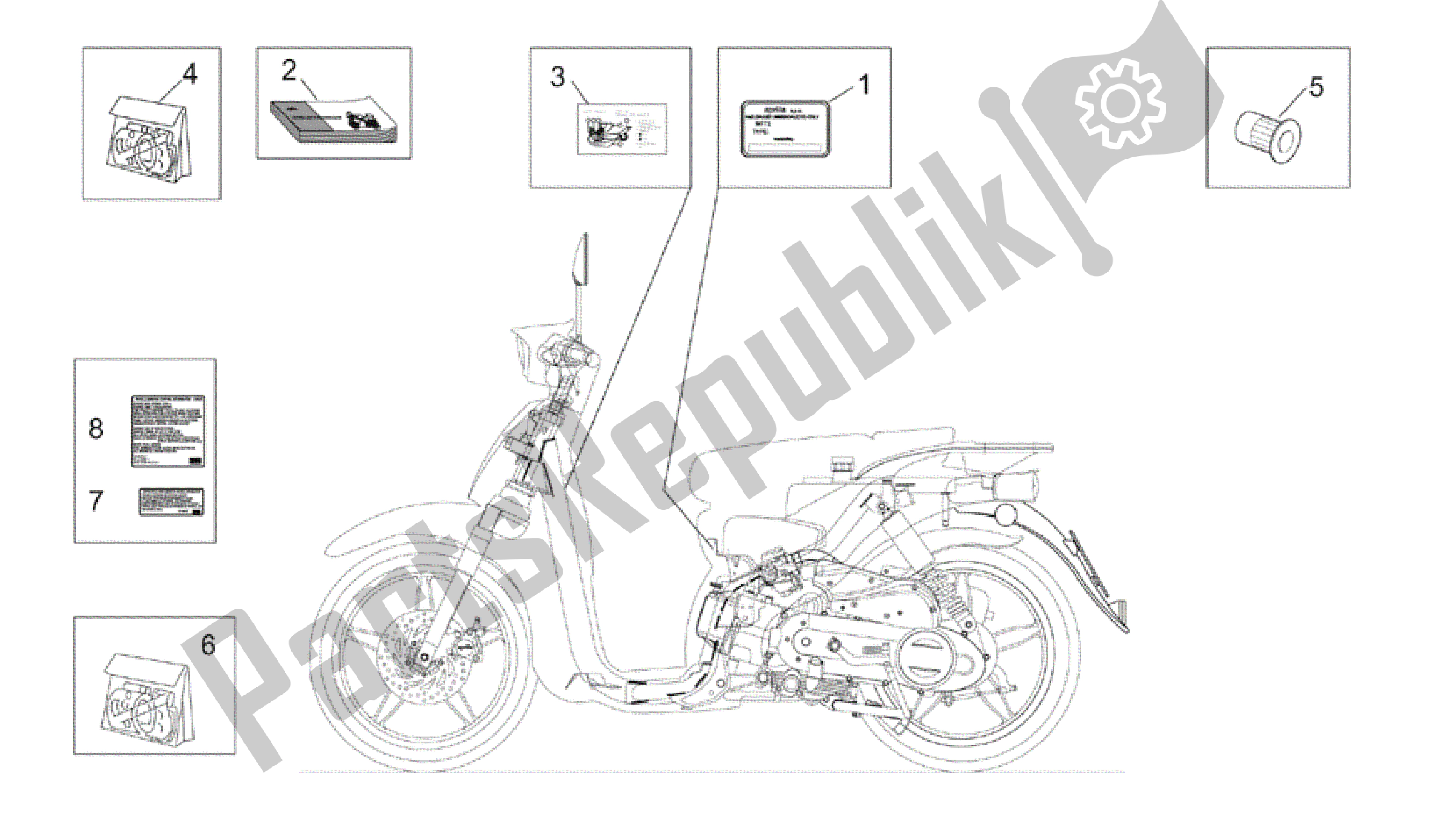 Alle onderdelen voor de Sticker Op. Handboeken En Bordenset van de Aprilia Scarabeo 50 2002 - 2006