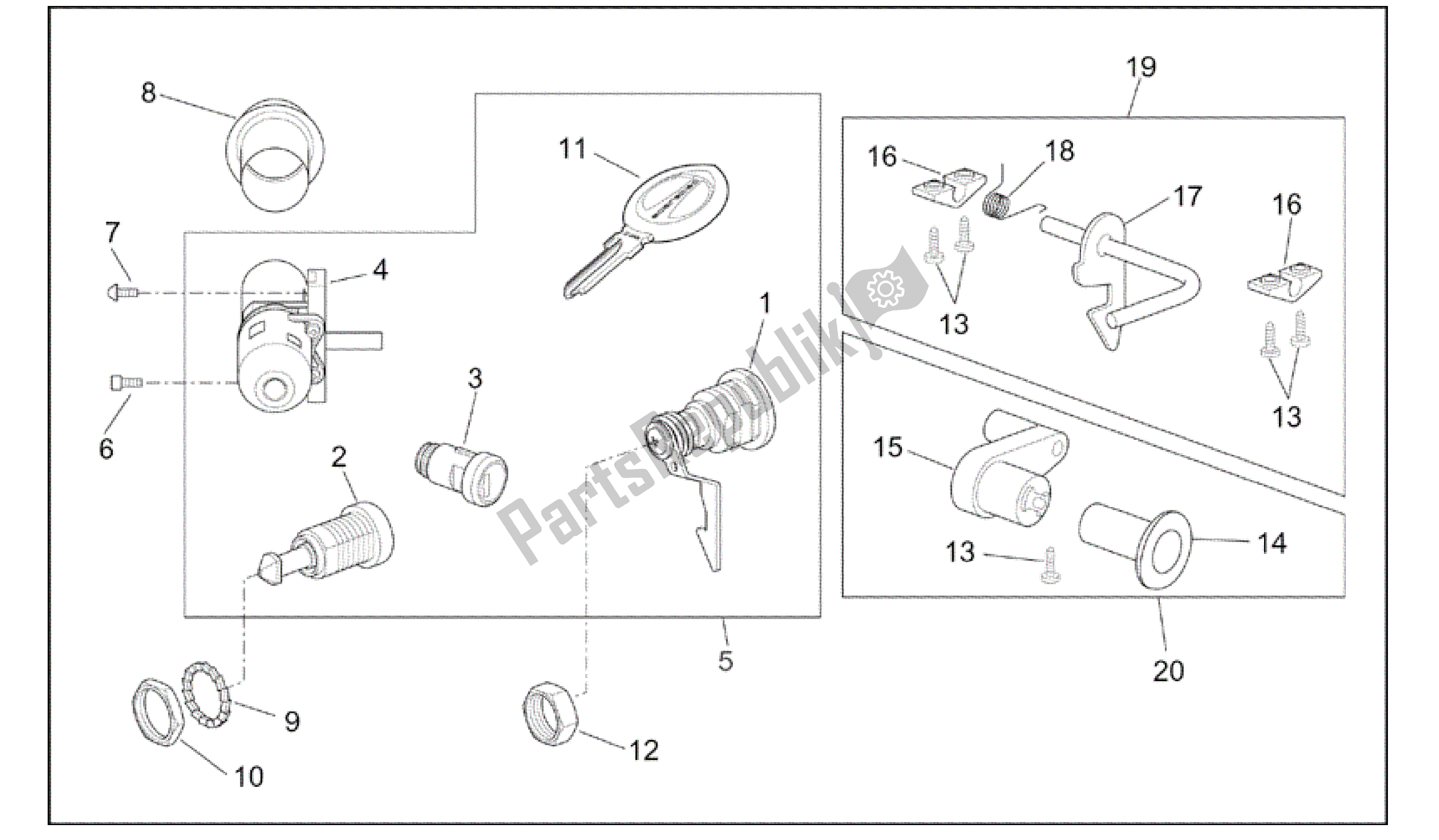 Todas las partes para Kit De Hardware De Bloqueo de Aprilia Scarabeo 50 2002 - 2006