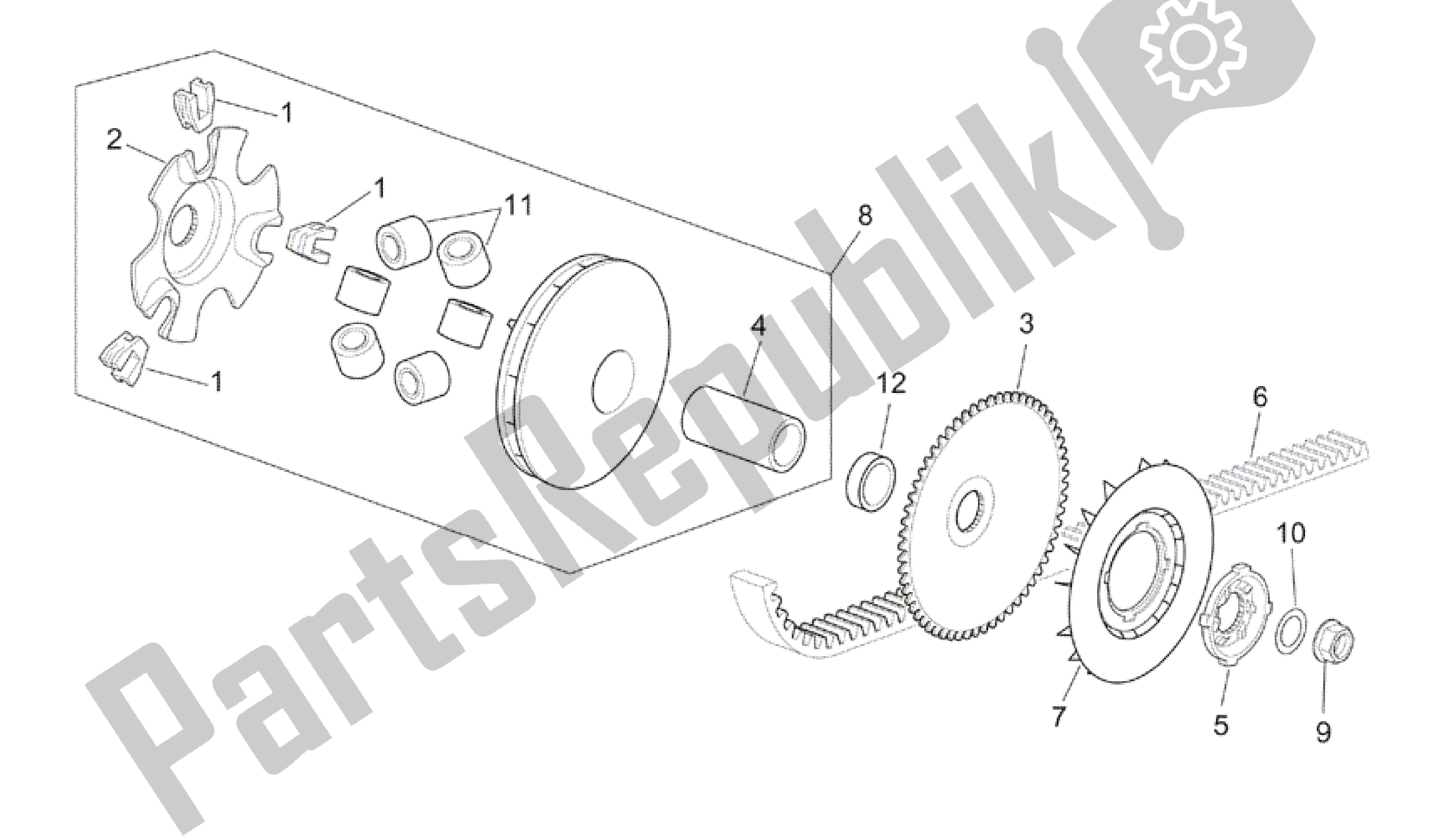 Alle onderdelen voor de Variator van de Aprilia Scarabeo 50 2002 - 2006