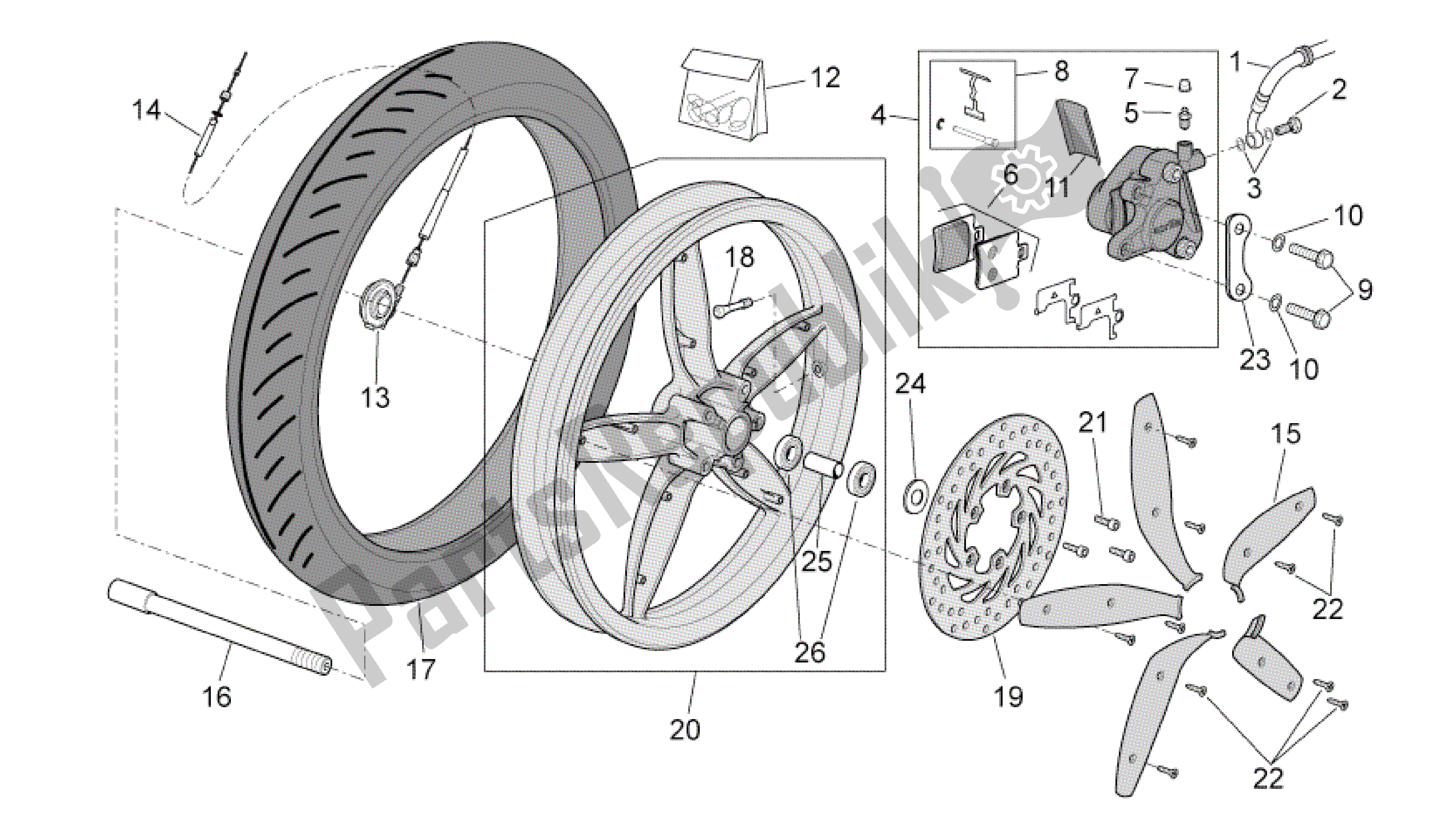 All parts for the Front Wheel - Disc Brake of the Aprilia Scarabeo 50 2006 - 2009