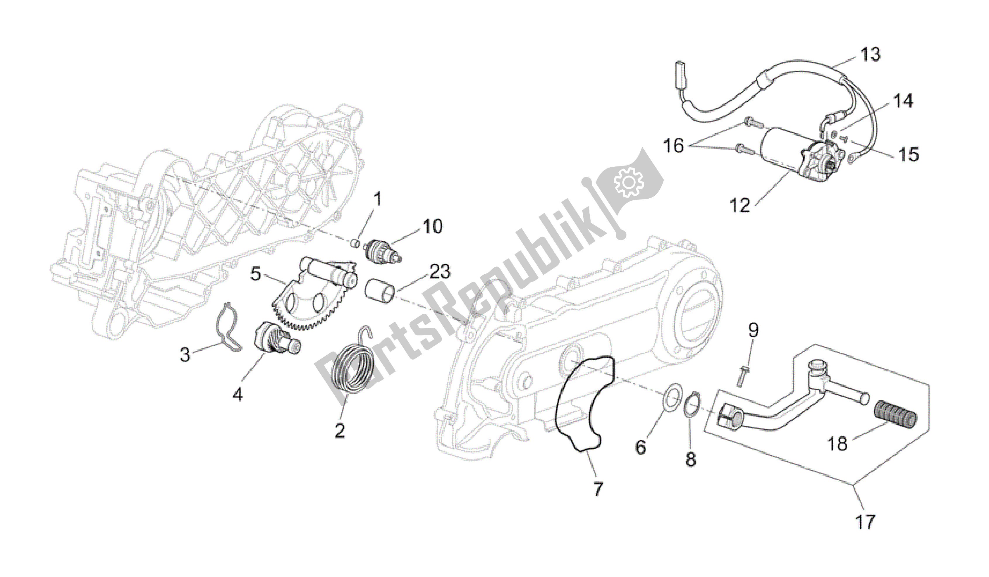 All parts for the Kick-start Gear/starter Motor of the Aprilia Scarabeo 50 2006 - 2009