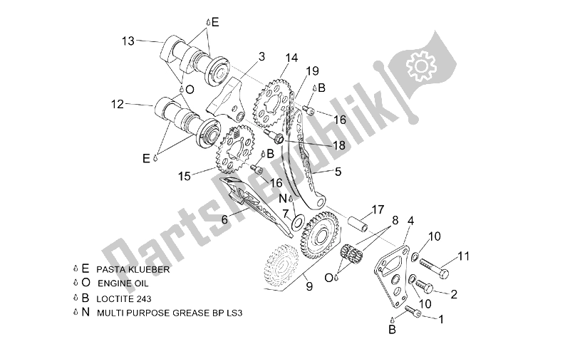 Alle onderdelen voor de Voorste Cilinder Timing Systeem van de Aprilia RSV Mille 1000 2001