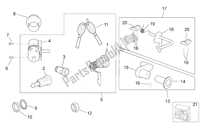 Todas as partes de Decalque - Kit De Ferragens De Bloqueio do Aprilia Scarabeo 100 4T E3 NET 2010