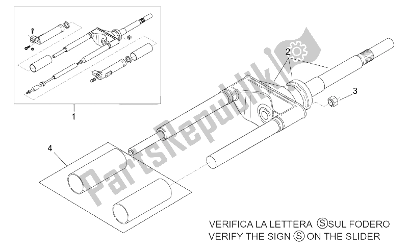 All parts for the Front Fork I of the Aprilia Scarabeo 50 2T ENG Minarelli 1999