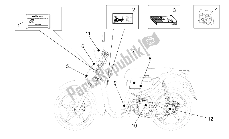 Tutte le parti per il Manuali Set-decal-op del Aprilia Scarabeo 50 2T E2 ENG Piaggio 2005