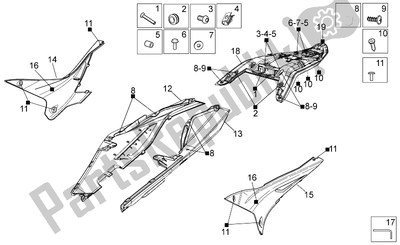 All parts for the Rear Body I of the Aprilia Tuono 1000 V4 R Aprc ABS 2014