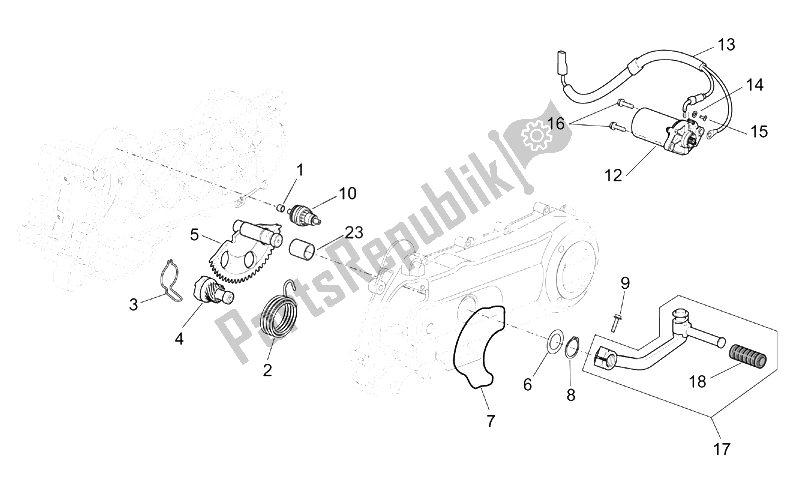 All parts for the Kick-start Gear/starter Motor of the Aprilia Scarabeo 50 4T 2V E2 2002