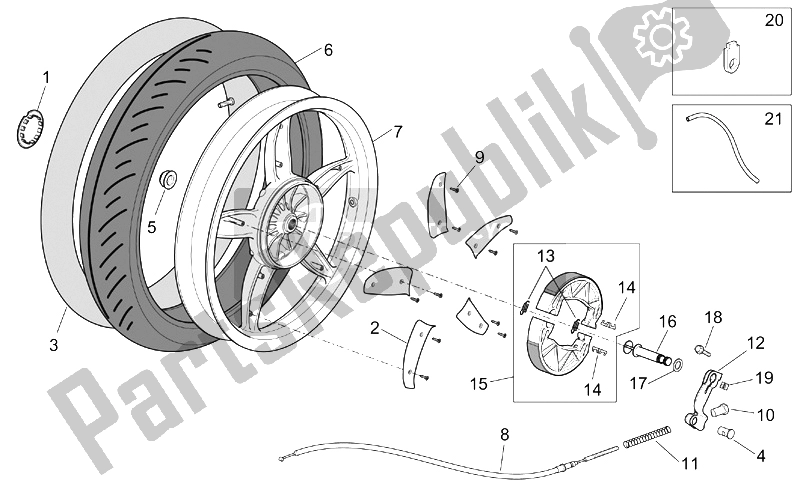 All parts for the Rear Wheel - Drum Brake of the Aprilia Scarabeo 100 4T E2 2001