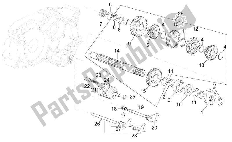 All parts for the Gearbox Driven Shaft of the Aprilia RS 50 Tuono 2003
