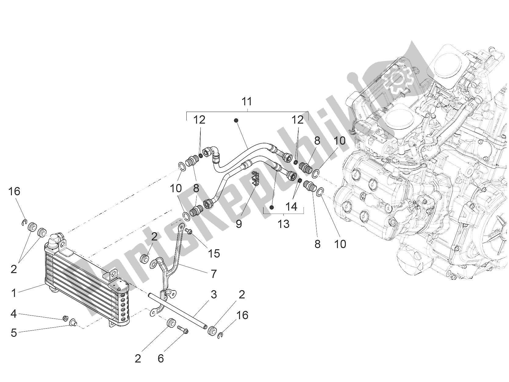 Alle onderdelen voor de Olie Radiator van de Aprilia Caponord 1200 USA 2015