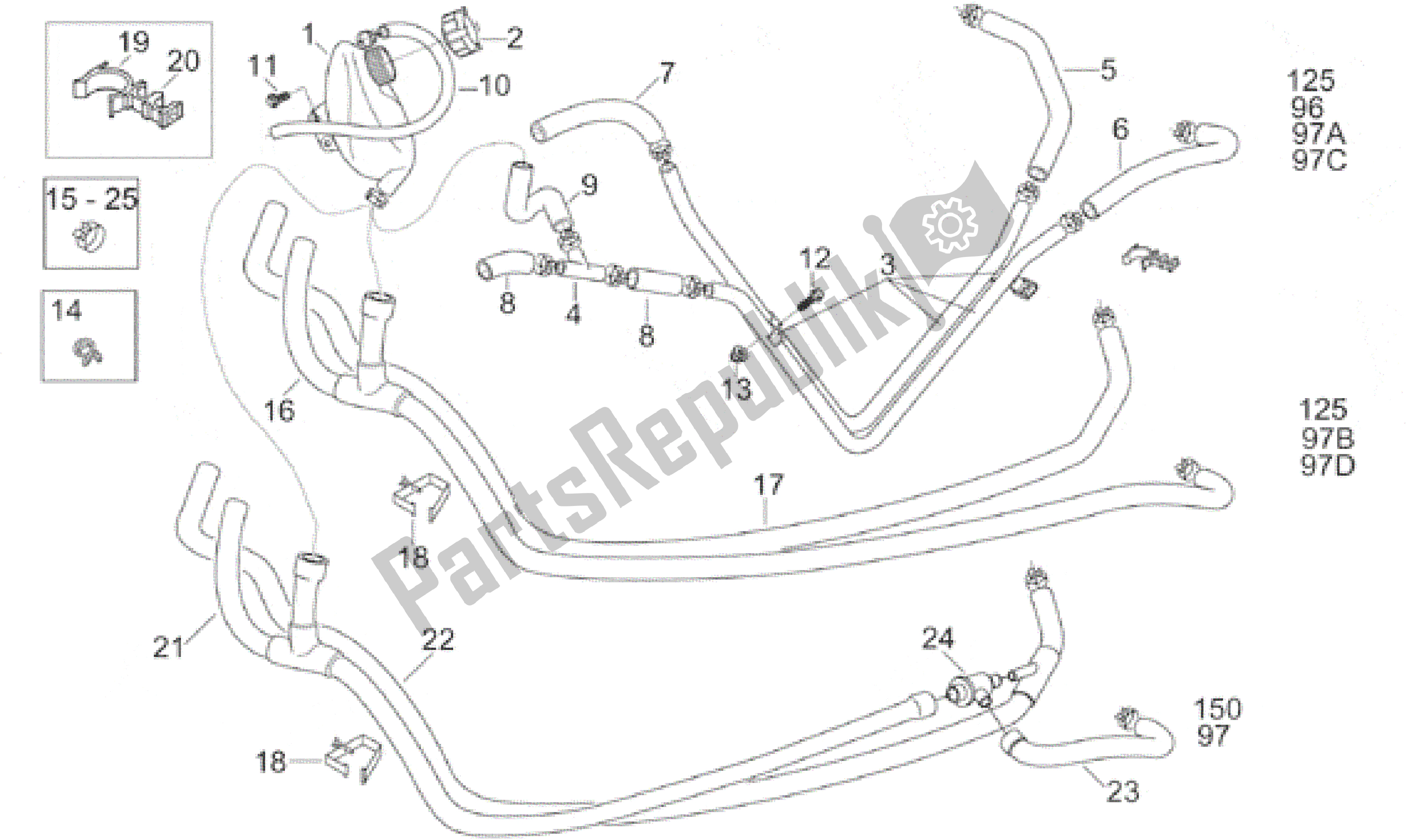 All parts for the Expansion Tank 96-97 of the Aprilia Leonardo 125 1996 - 1998