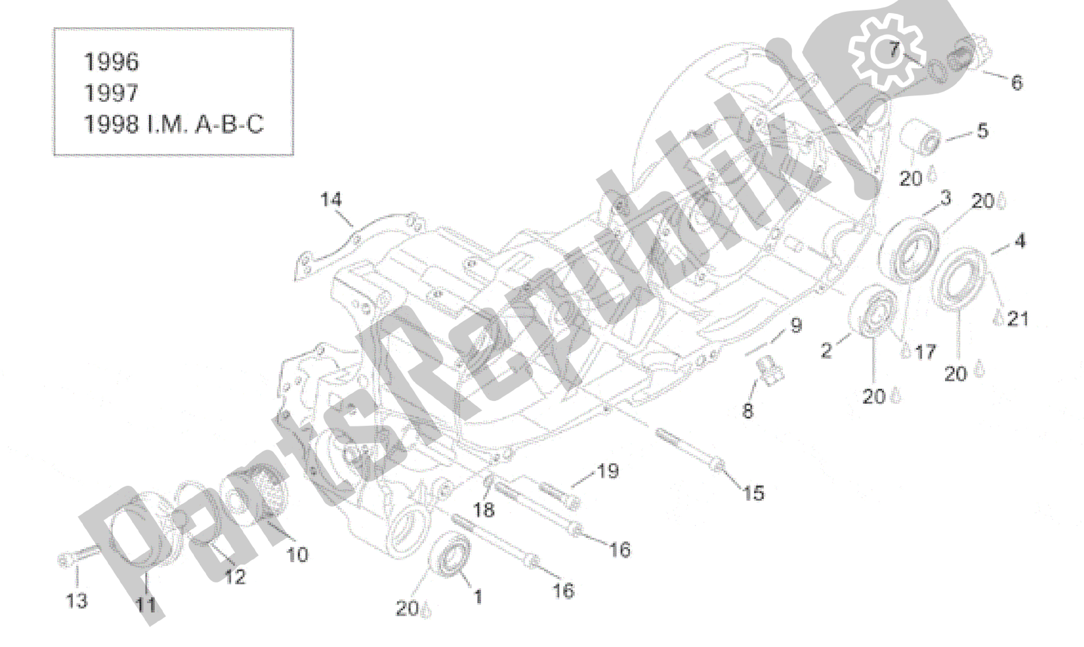 All parts for the Central Semi-crankcase I of the Aprilia Leonardo 125 1996 - 1998