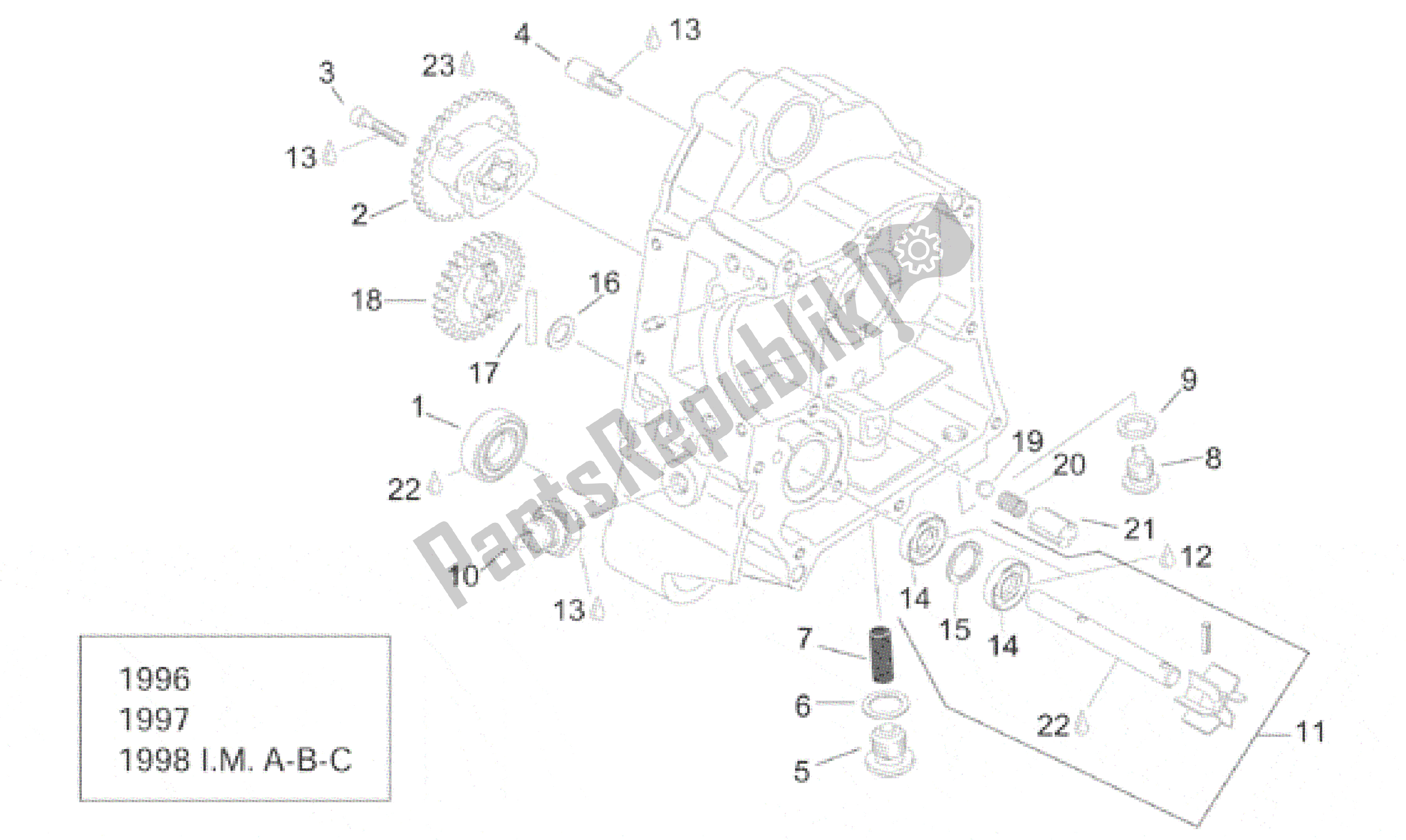 All parts for the Rh Semi-crankcase I of the Aprilia Leonardo 125 1996 - 1998