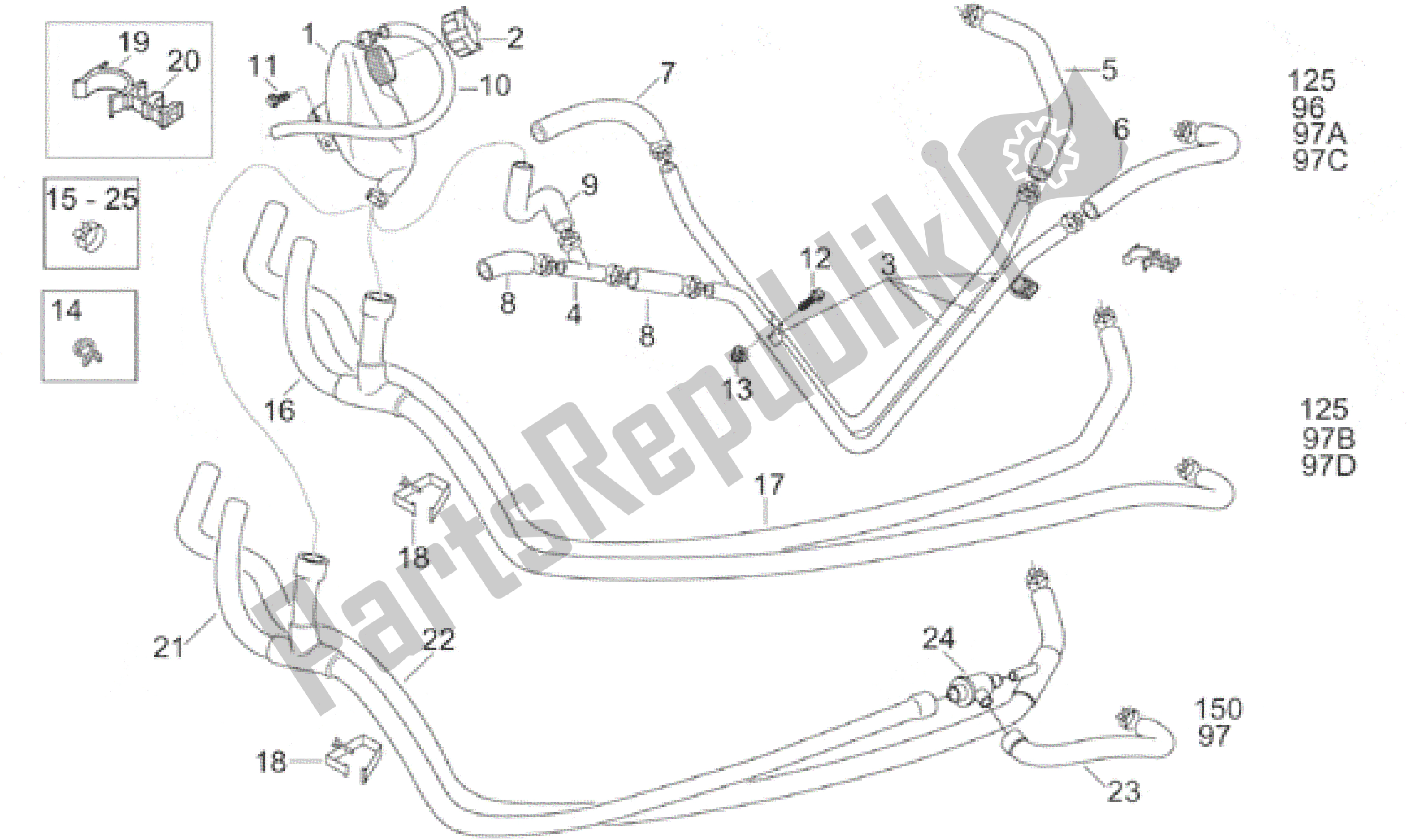 All parts for the Expansion Tank 96-97 of the Aprilia Leonardo 150 1996 - 1998