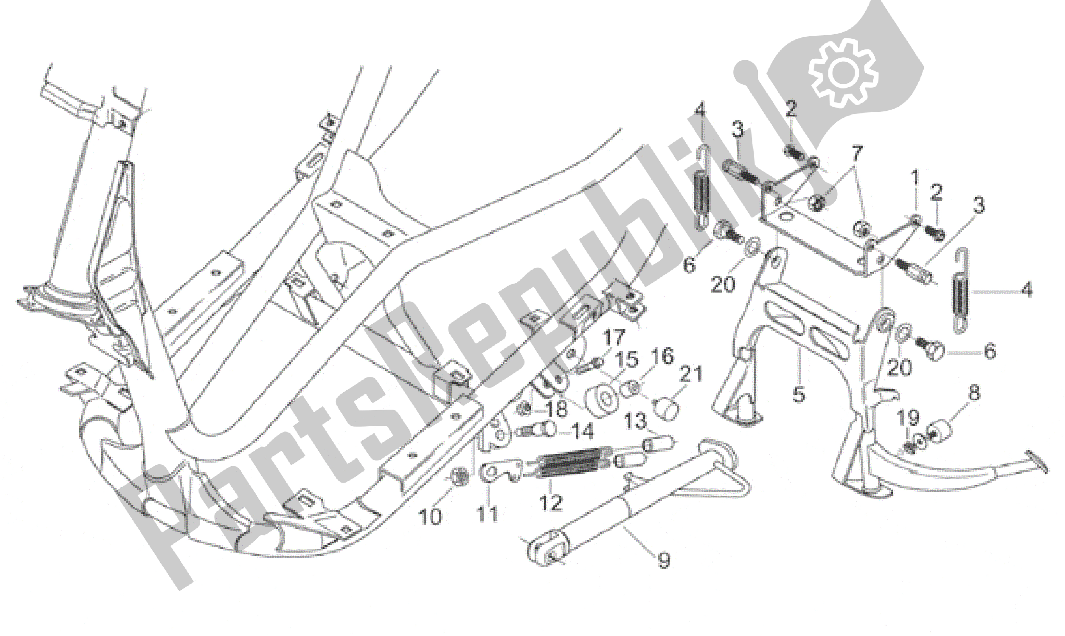 All parts for the Central Stand of the Aprilia Leonardo 150 1996 - 1998