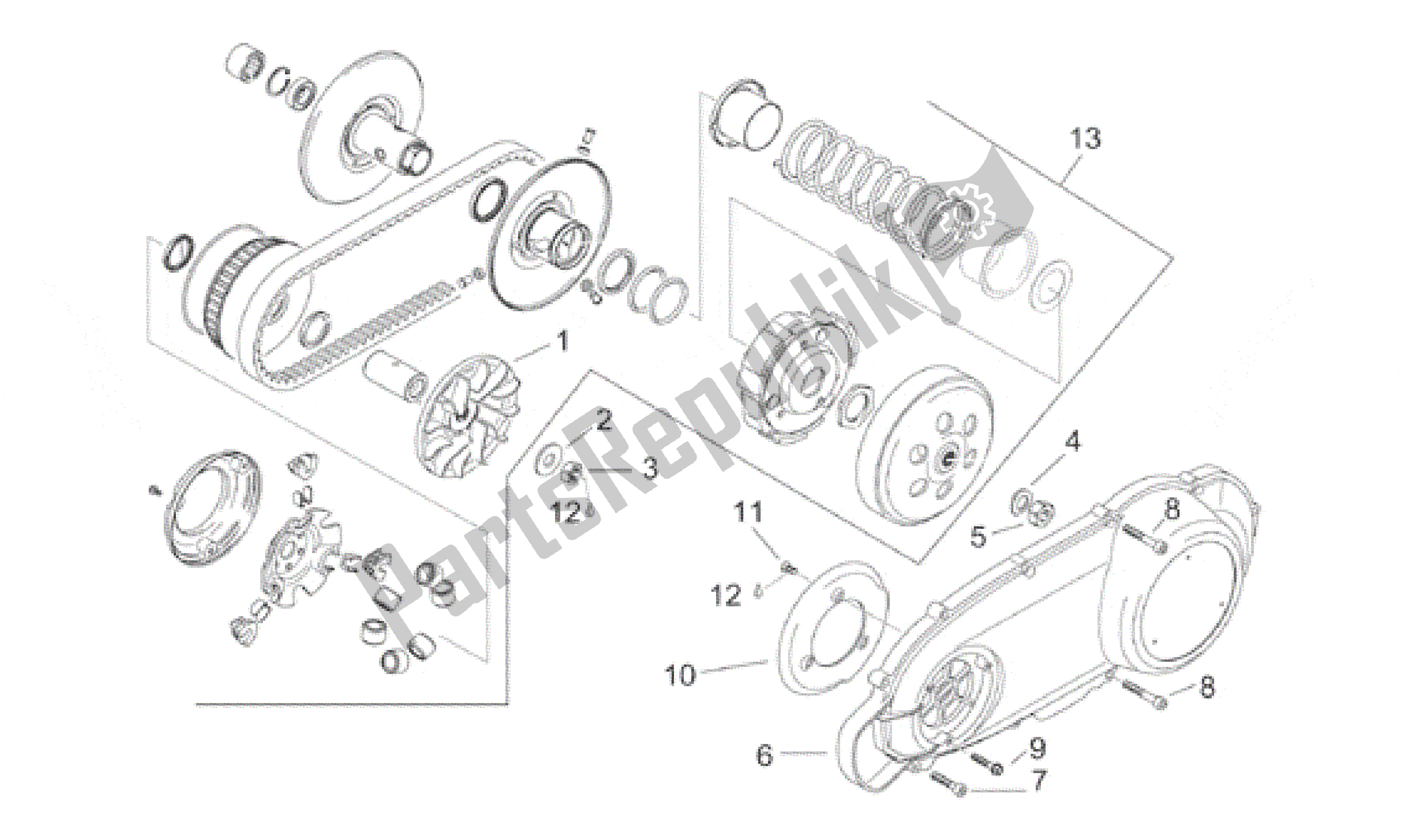 All parts for the Speed Variator W/ Clutch of the Aprilia Leonardo 150 1996 - 1998