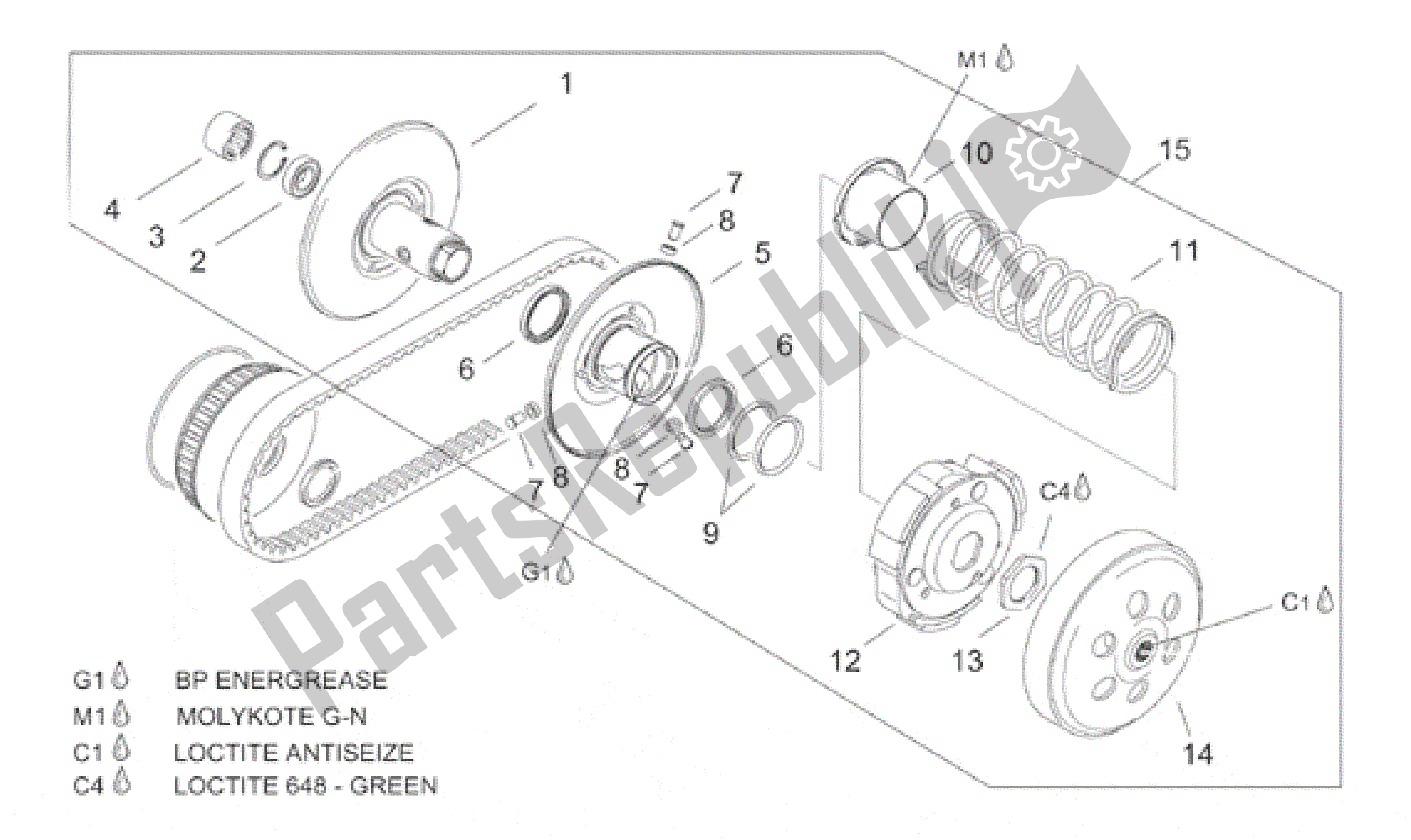 Todas as partes de Conjunto De Polia., Acionado do Aprilia Leonardo 125 1999 - 2001