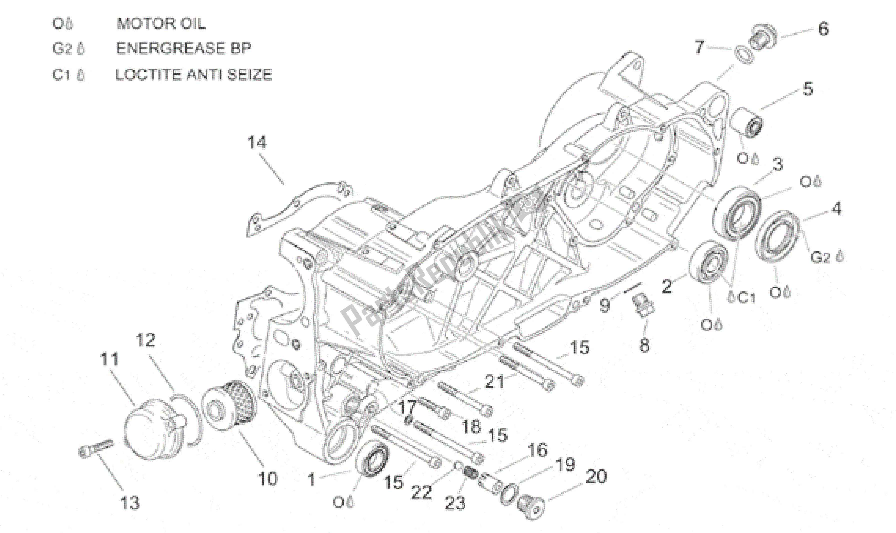 All parts for the Central Semi-crankcase of the Aprilia Leonardo 150 1999 - 2001
