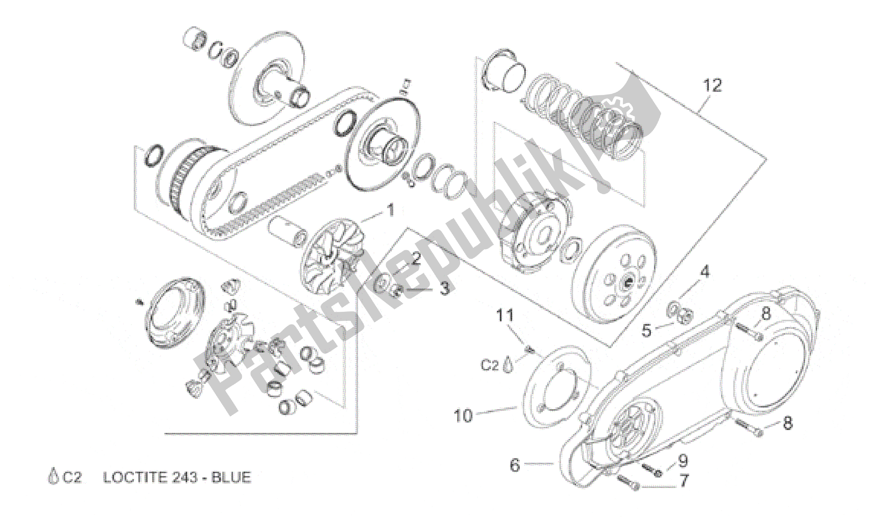 Alle onderdelen voor de Snelheidsvariator Met Koppeling van de Aprilia Leonardo 150 1999 - 2001