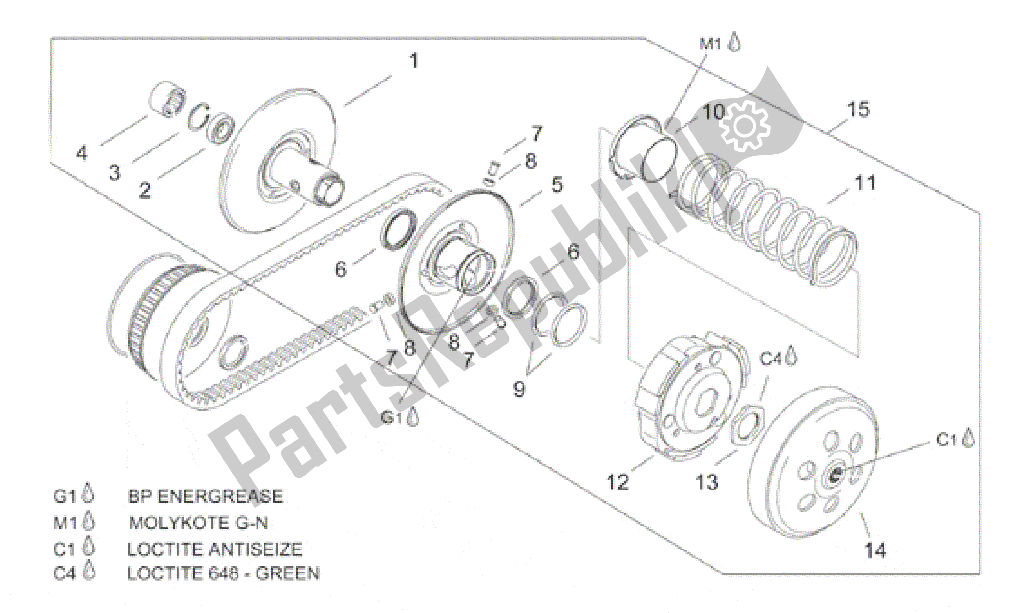 Todas as partes de Conjunto De Polia., Acionado do Aprilia Leonardo 150 1999 - 2001