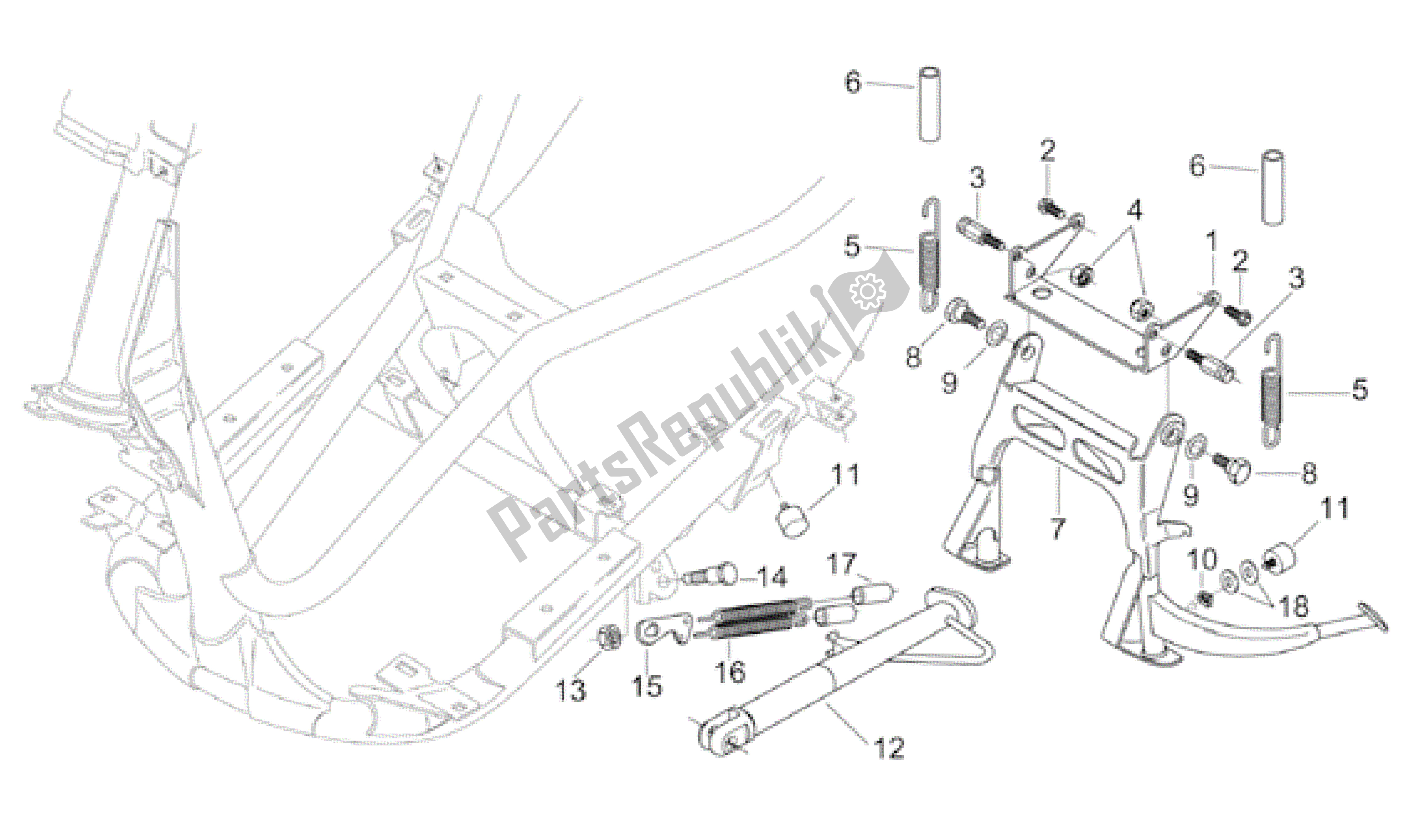 All parts for the Central Stand of the Aprilia Leonardo 125 2001