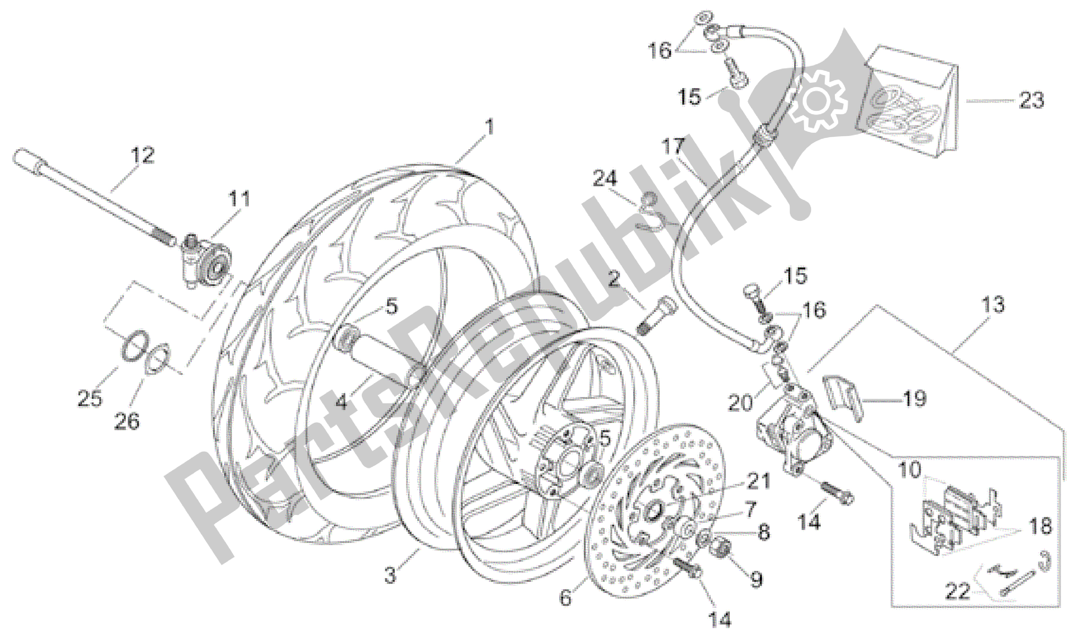 All parts for the Front Wheel of the Aprilia Leonardo 125 2001