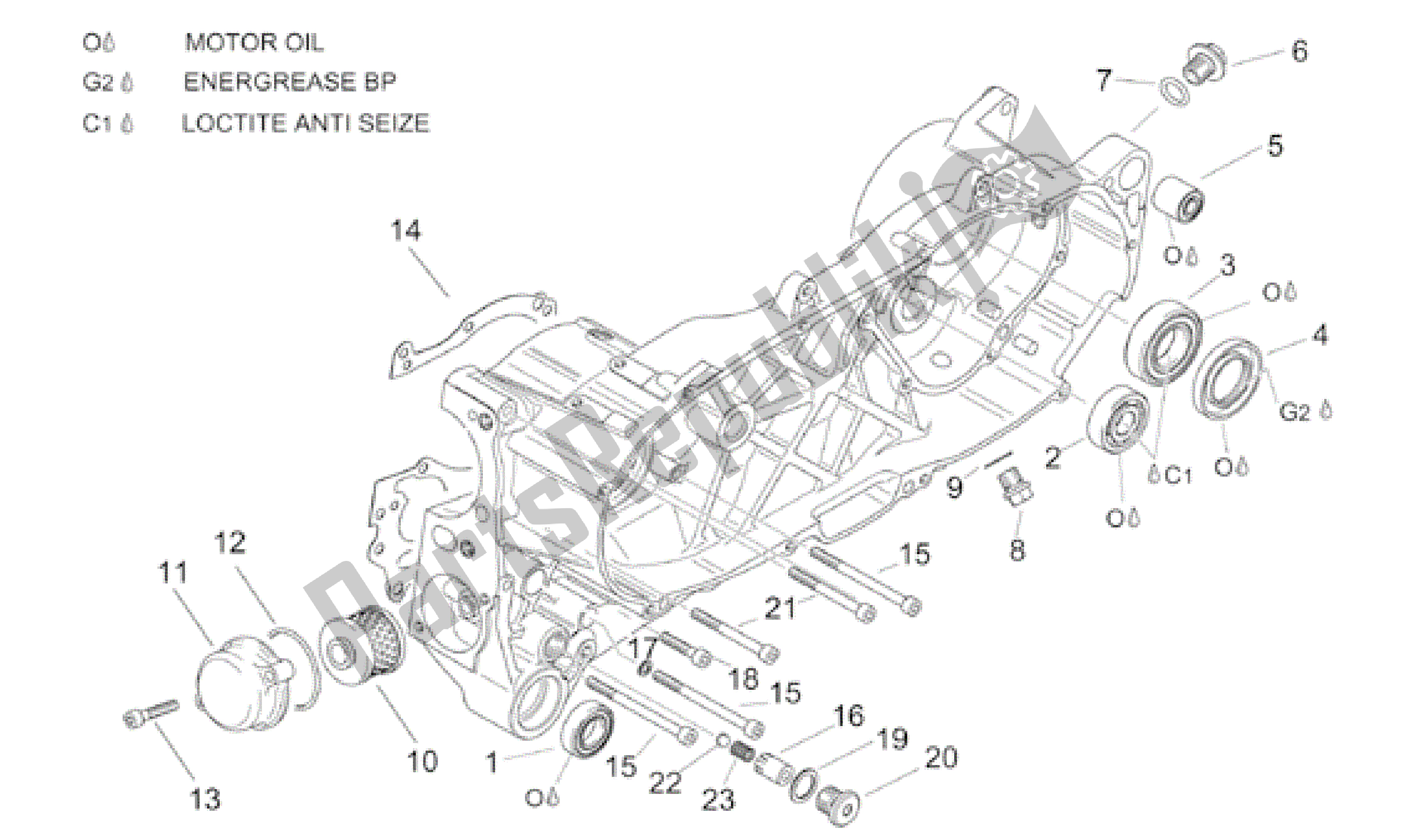 All parts for the Central Semi-crankcase of the Aprilia Leonardo 125 2001
