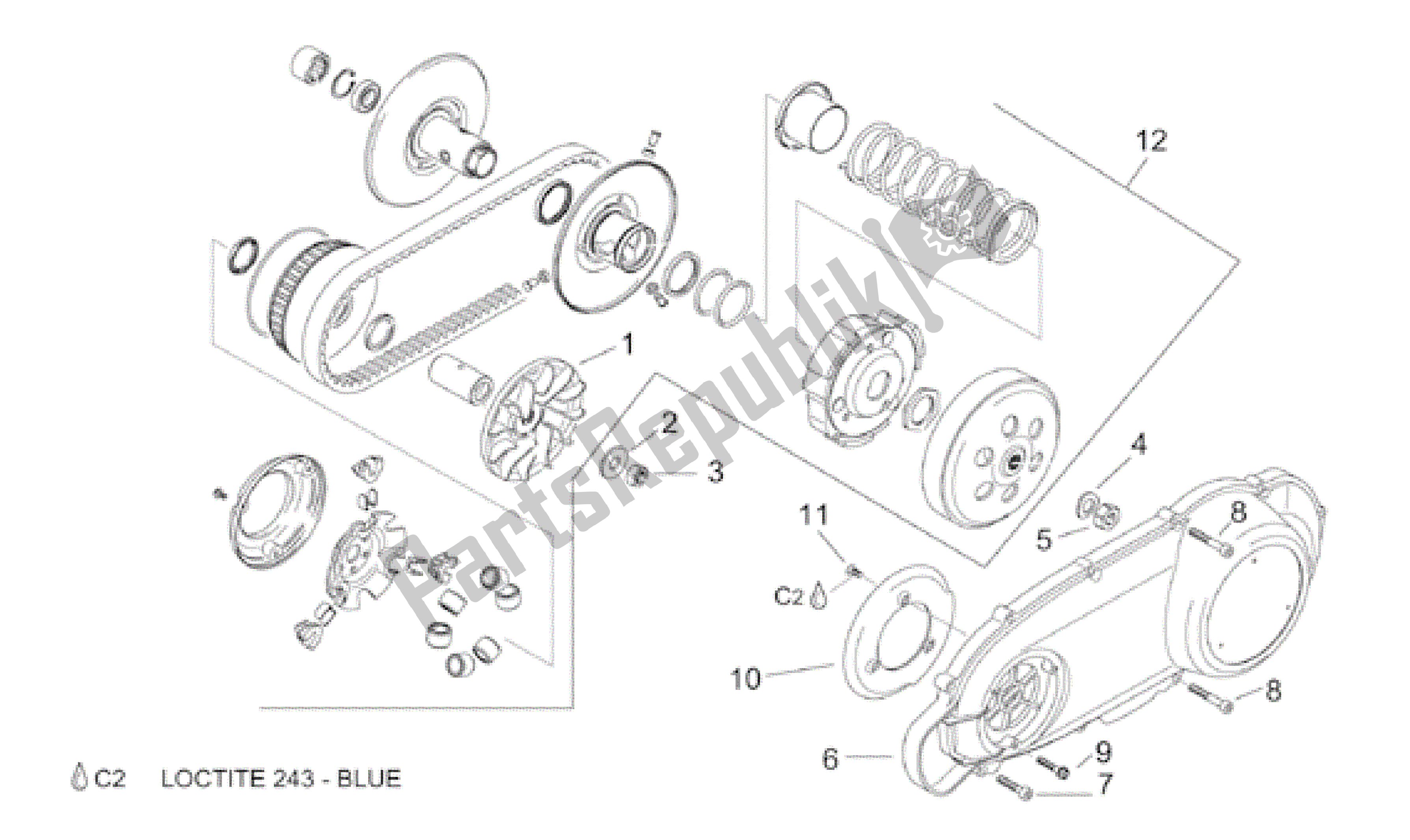 All parts for the Speed Variator W/ Clutch of the Aprilia Leonardo 125 2001