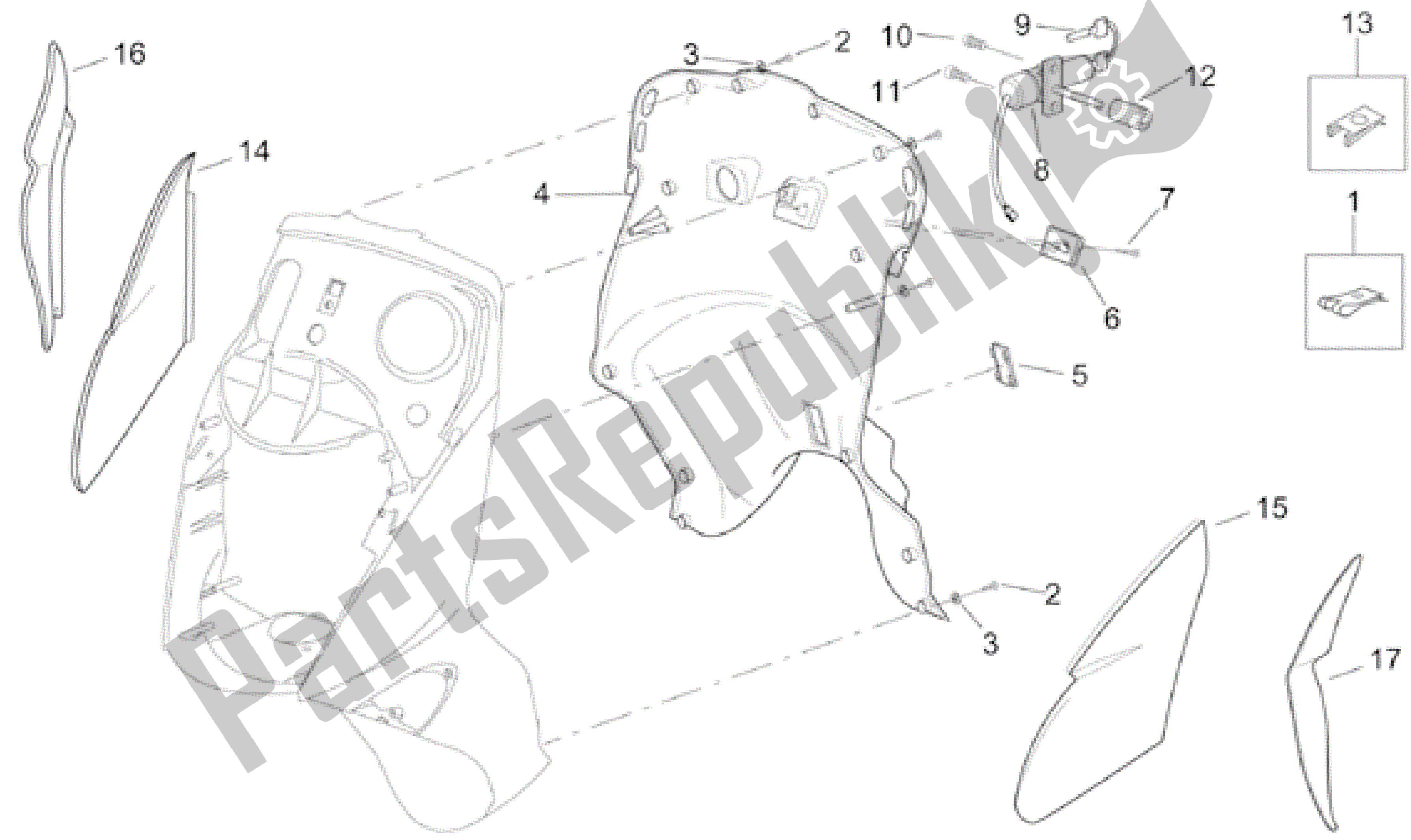 Todas las partes para Cuerpo Frontal - Escudo Interno de Aprilia Leonardo 150 2001