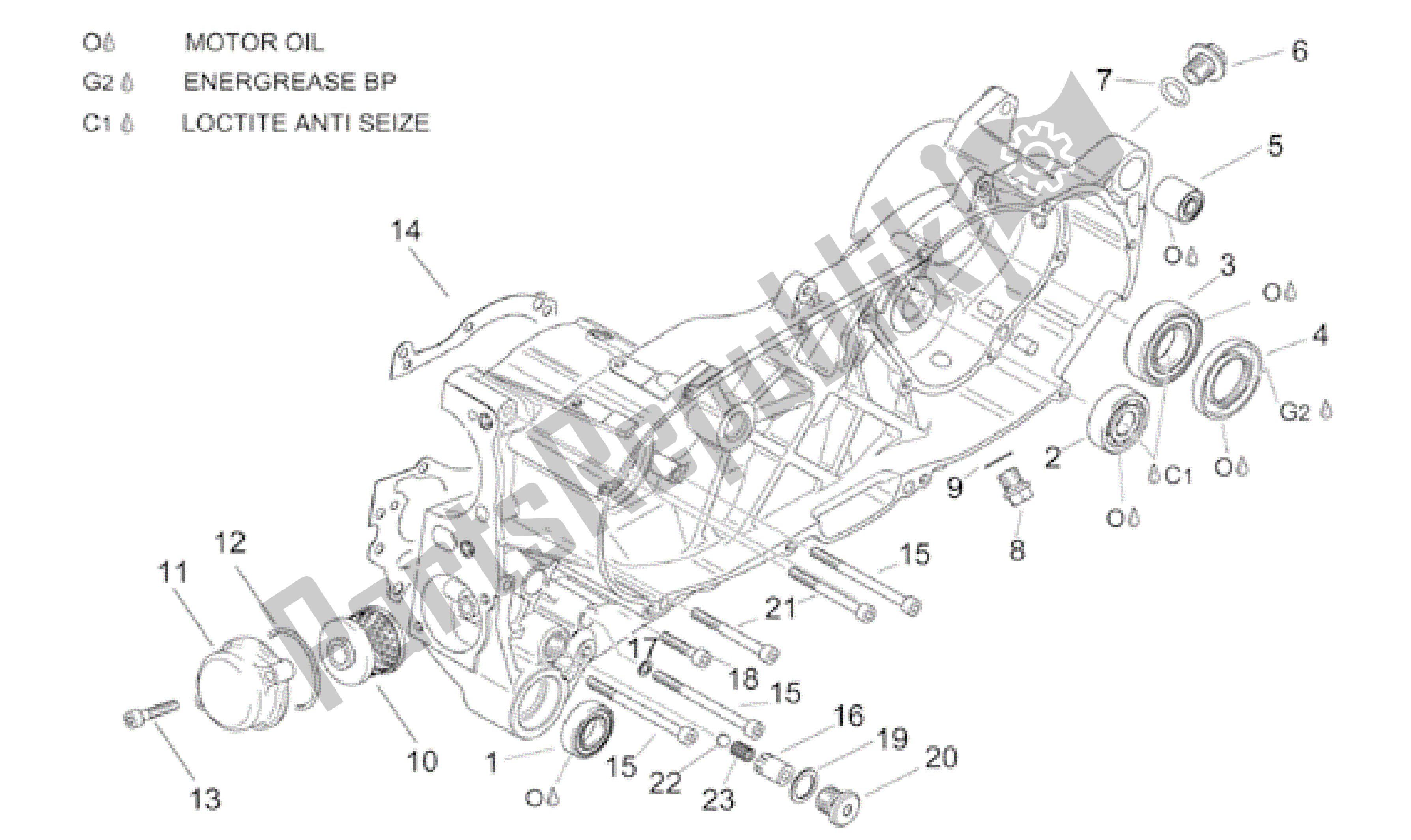 All parts for the Central Semi-crankcase of the Aprilia Leonardo 150 2001