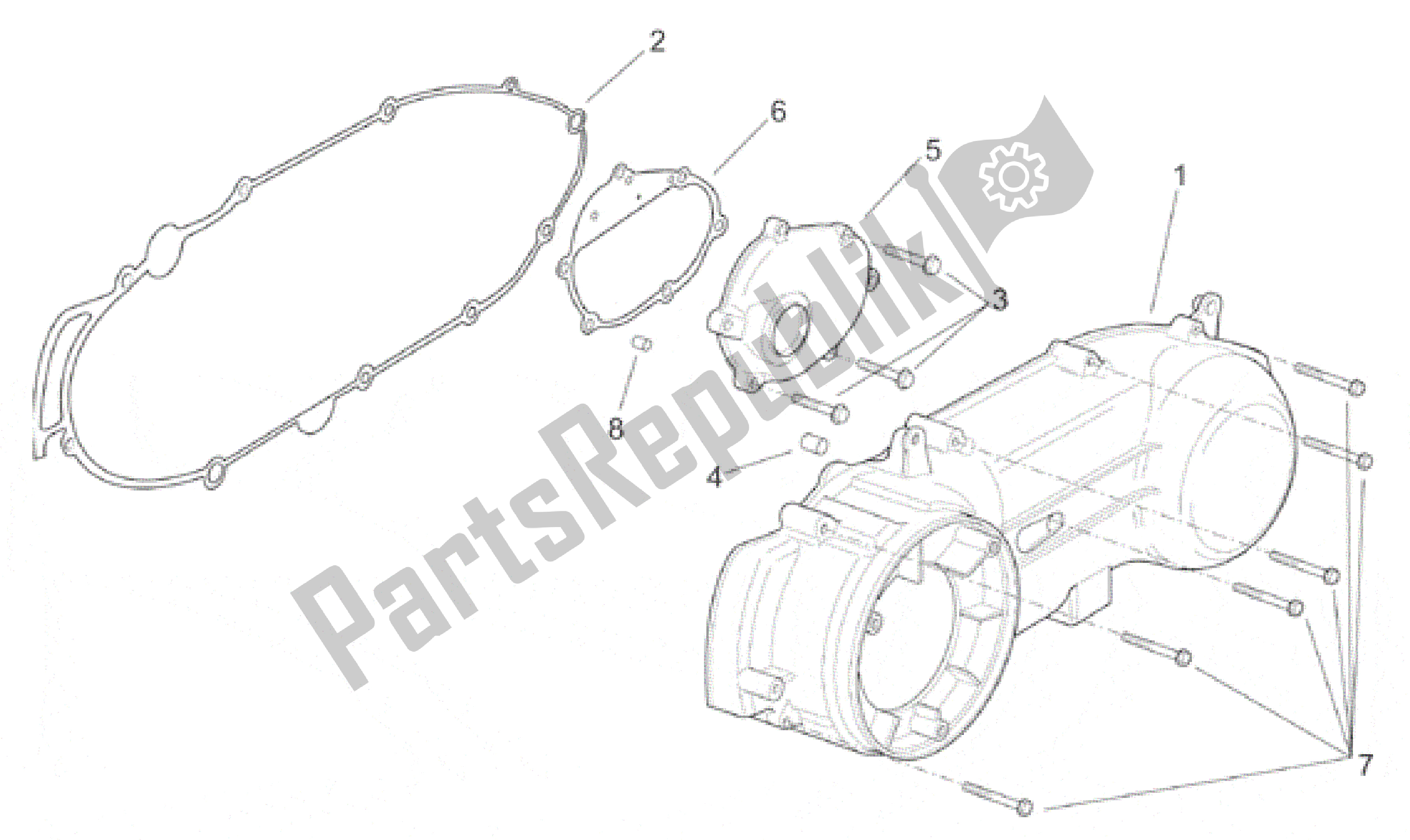 All parts for the Clutch Side Cover of the Aprilia Leonardo 250 1999 - 2001