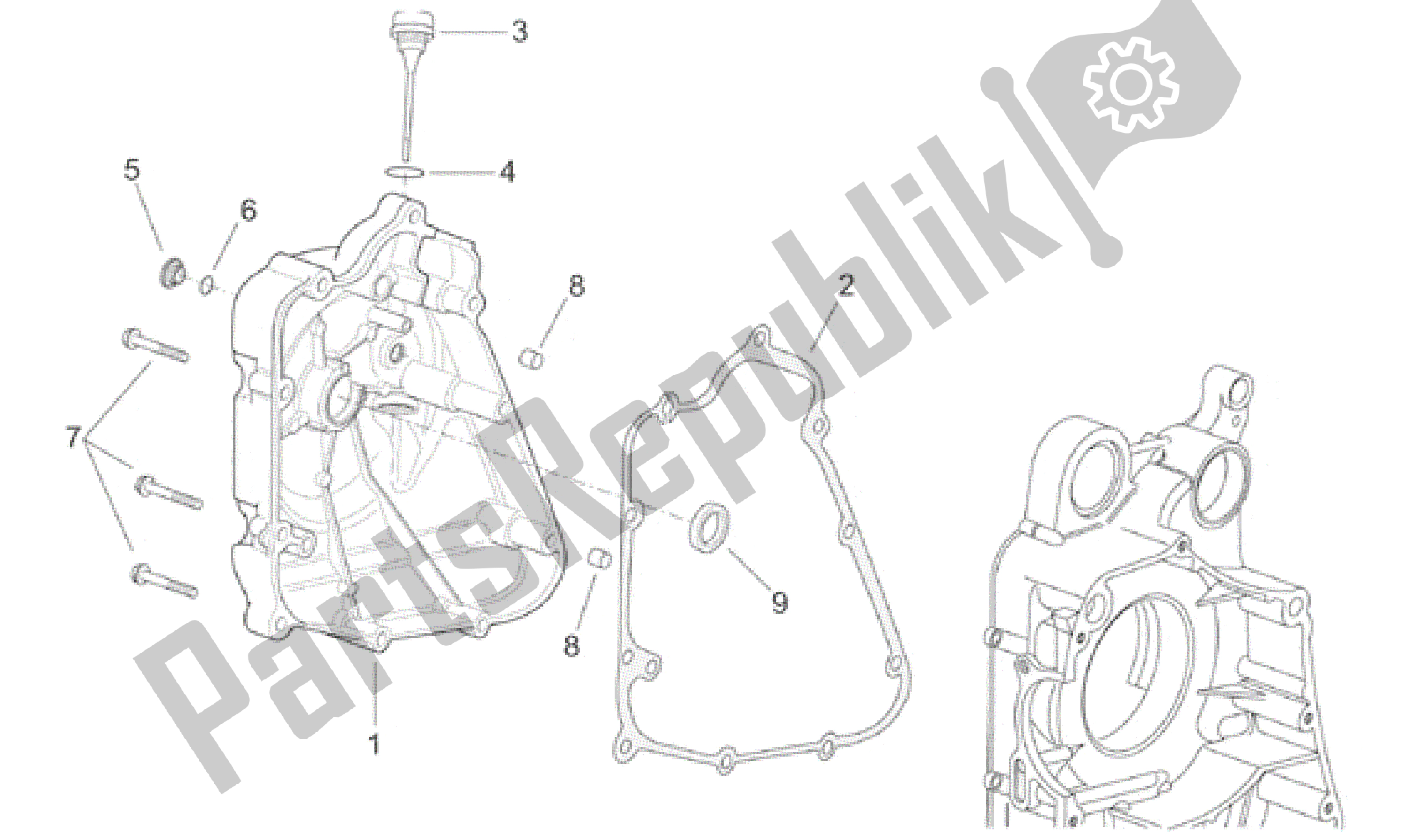 All parts for the Flywheel Side Cover of the Aprilia Leonardo 250 1999 - 2001