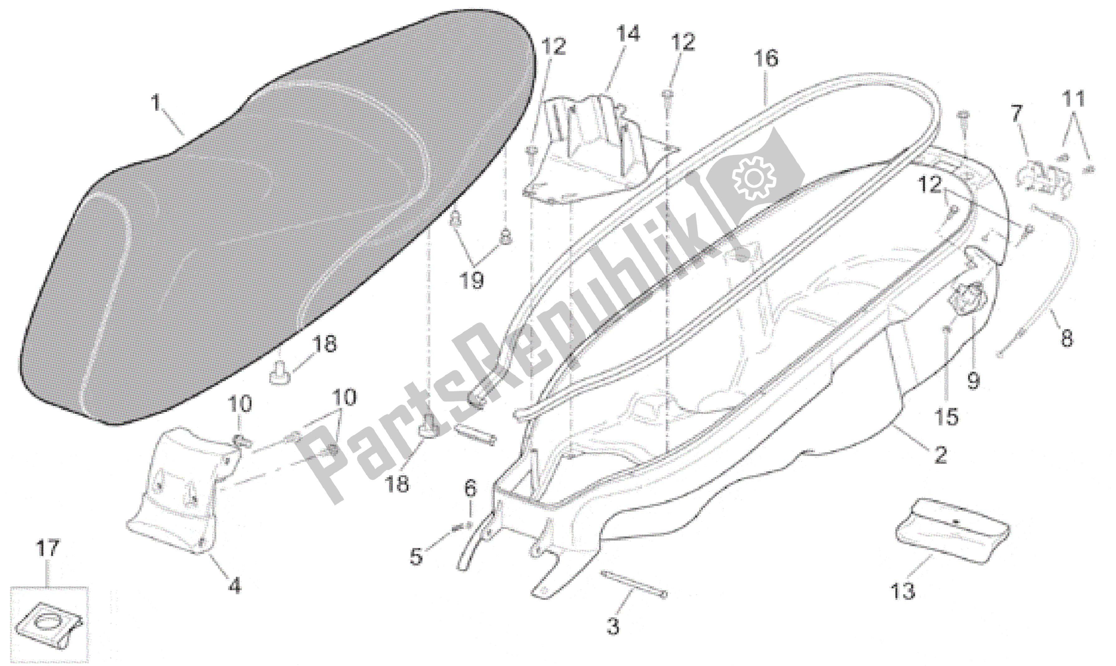 Alle onderdelen voor de Zadel En Helm Compartiment van de Aprilia Leonardo 250 2001