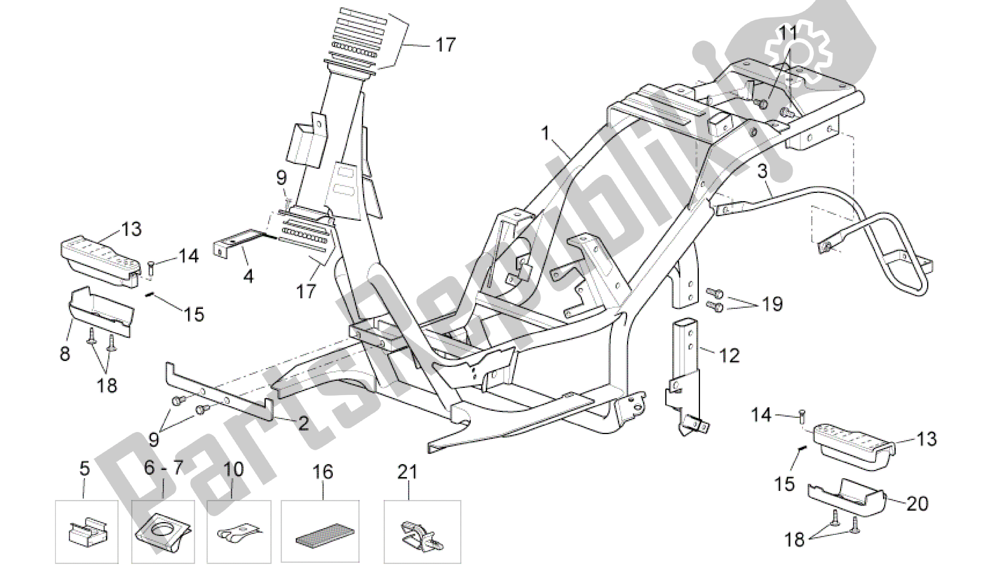 All parts for the Frame of the Aprilia Scarabeo 125 2004 - 2006