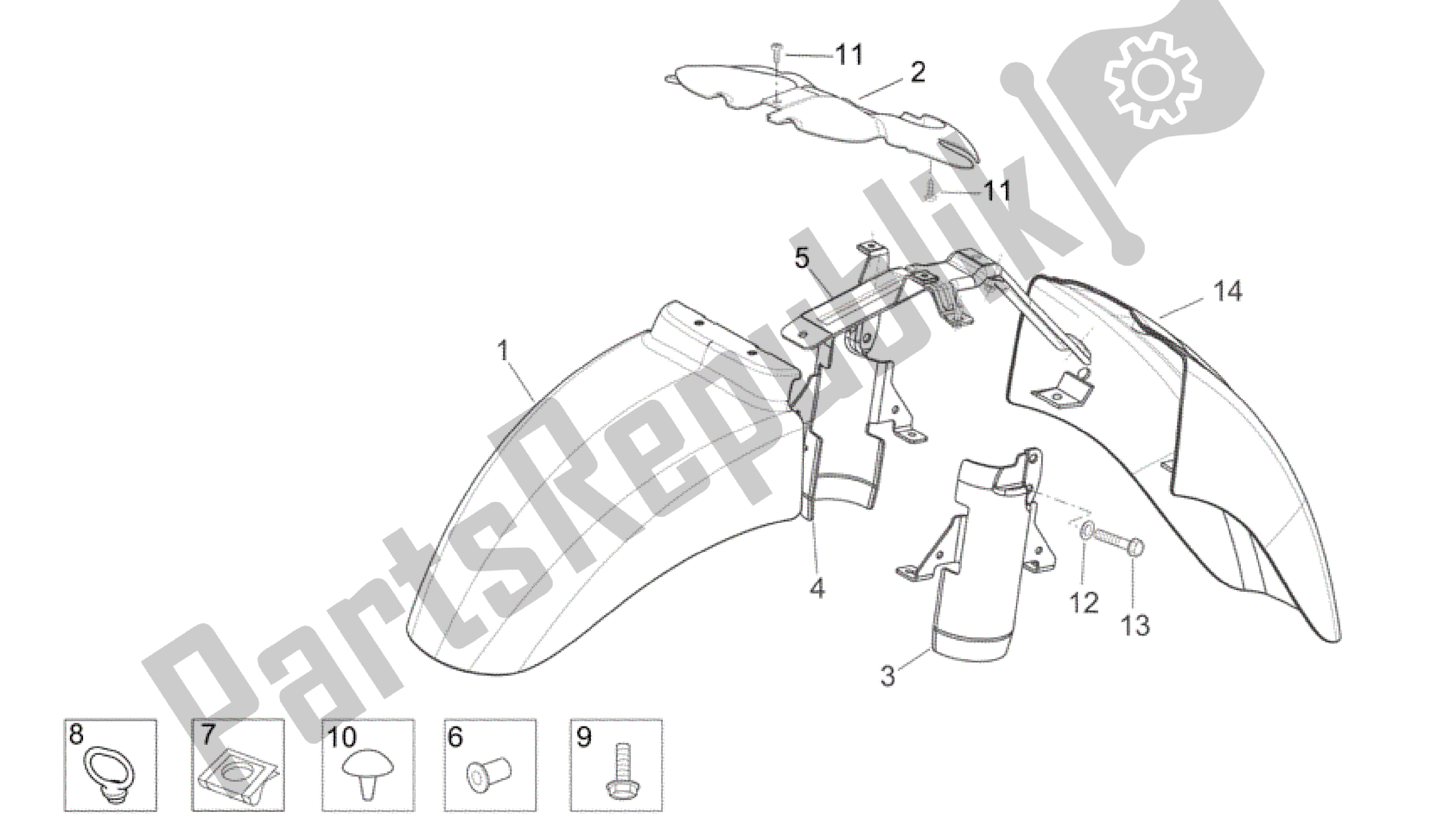 Alle onderdelen voor de Voorkant Carrosserie - Voorspatbord van de Aprilia Scarabeo 125 2004 - 2006