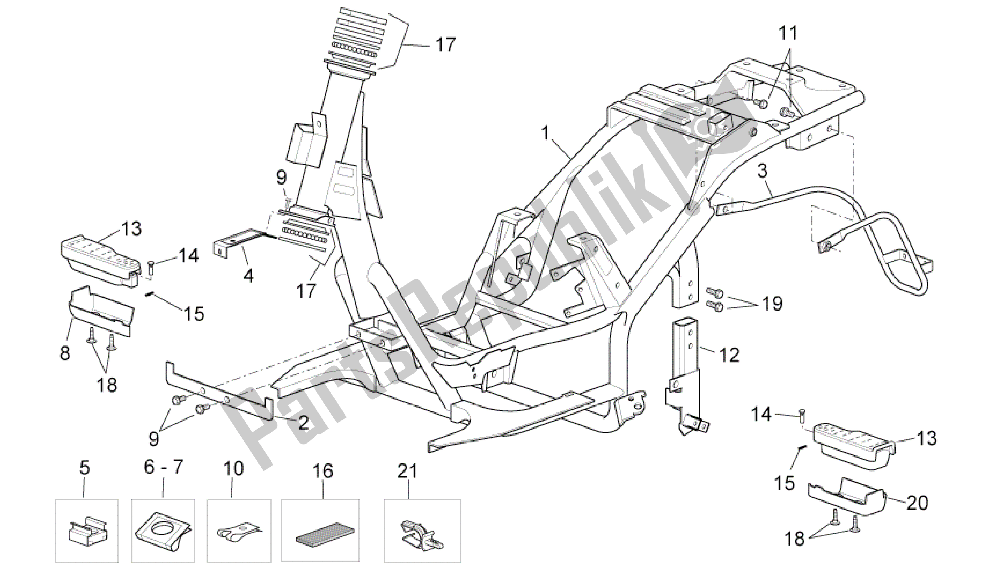 All parts for the Frame of the Aprilia Scarabeo 250 2004 - 2006