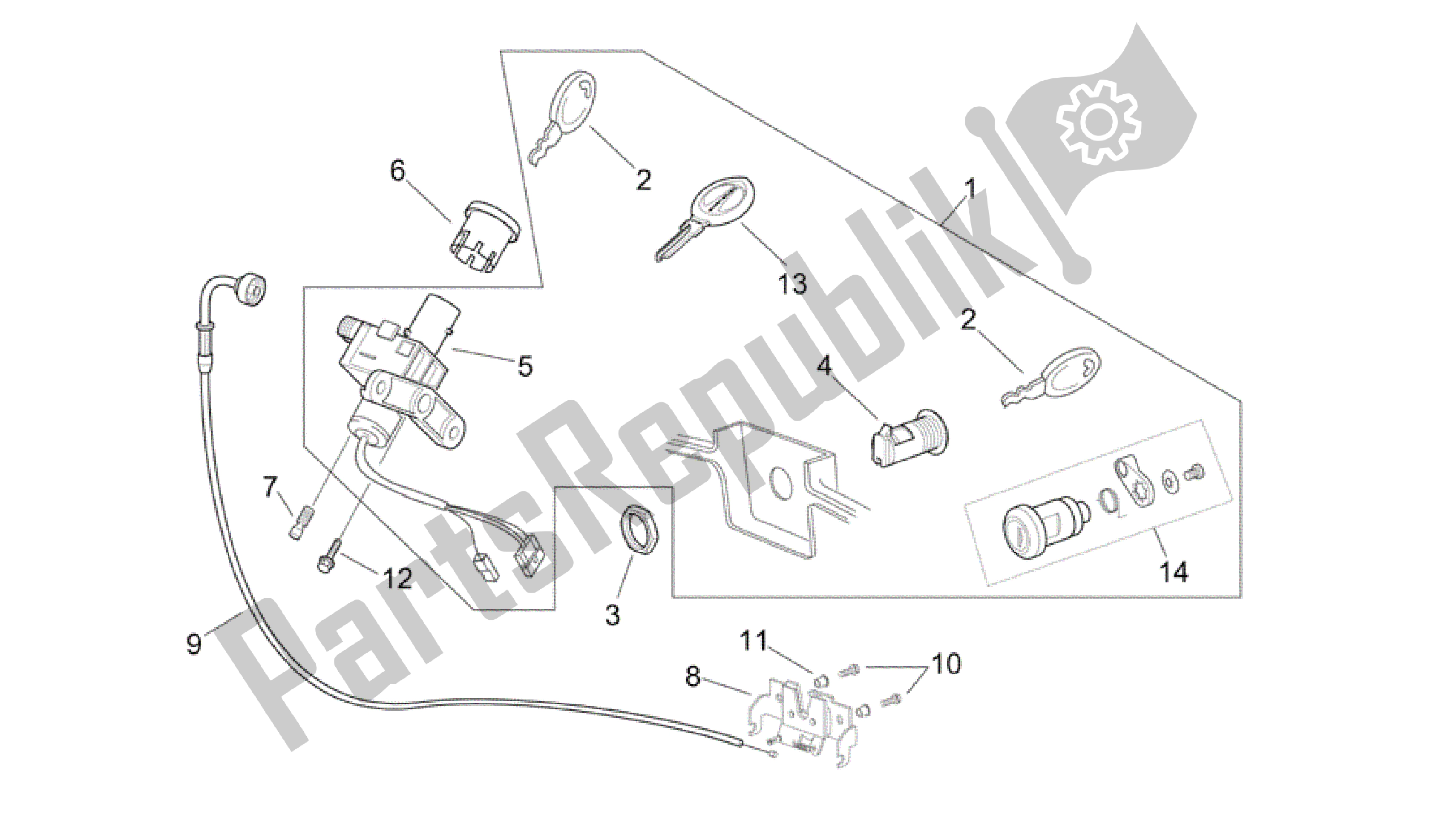 All parts for the Lock Hardware Kit of the Aprilia Scarabeo 250 2004 - 2006