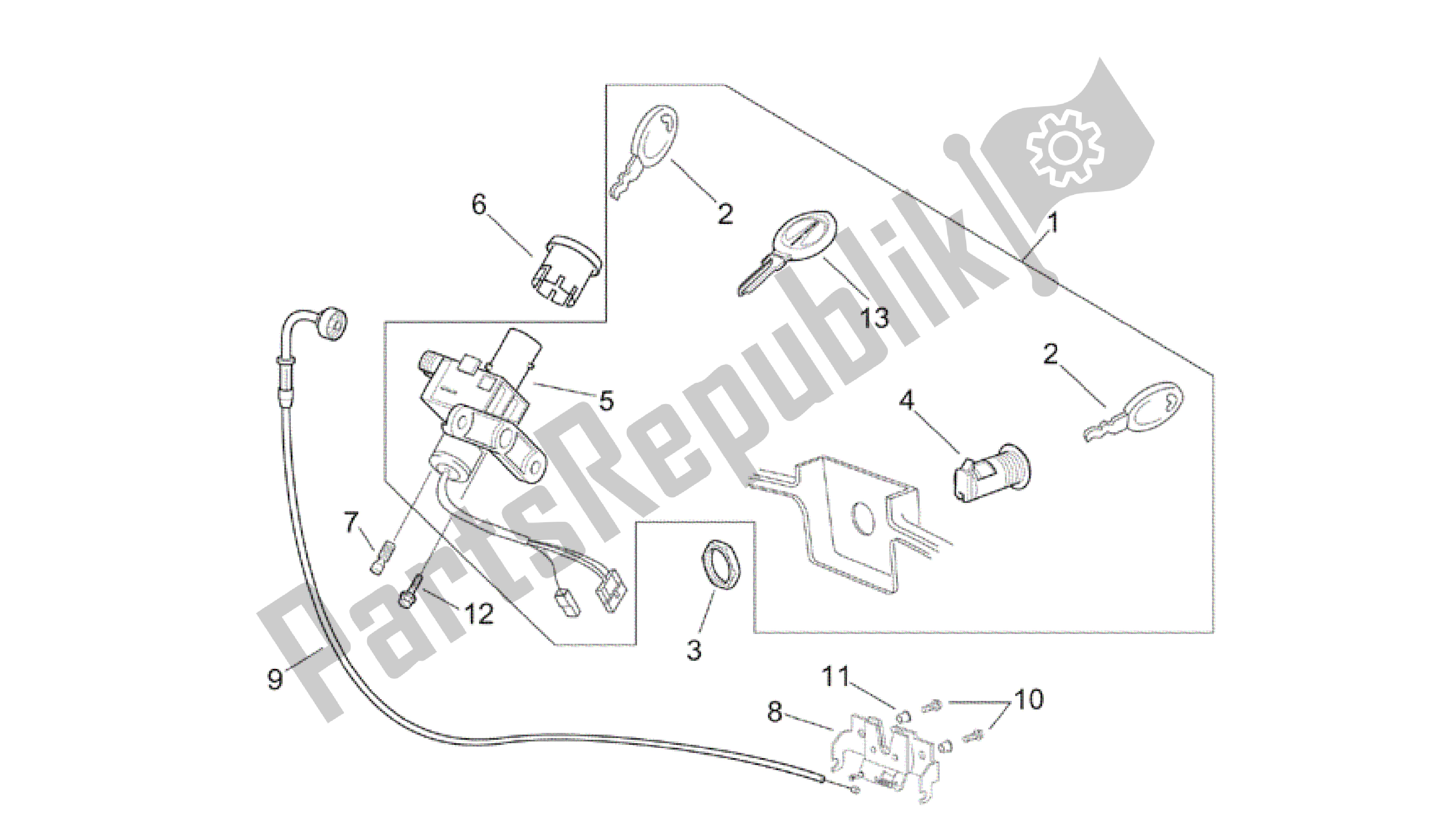 Alle onderdelen voor de Slot Hardware Kit van de Aprilia Scarabeo 125 1999 - 2004